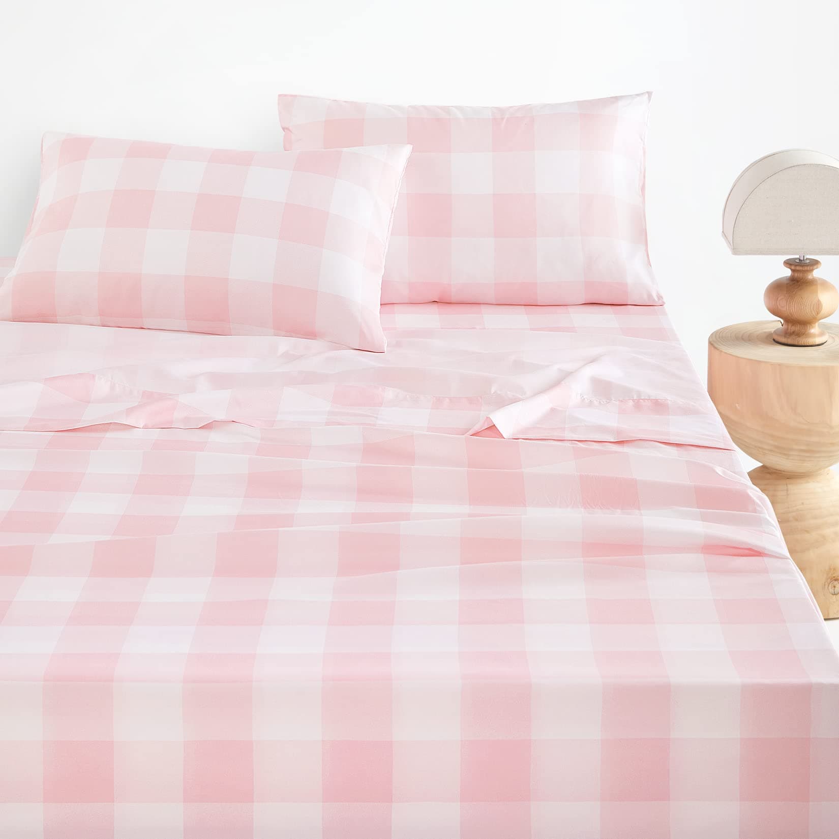 Wake In Cloud - Gingham Bed Sheets, 4-Piece Sheet Set, Cute Plaid Buffalo Check Checker Geometric Aesthetic Bedding, Deep Pocket, Pink, Queen Size