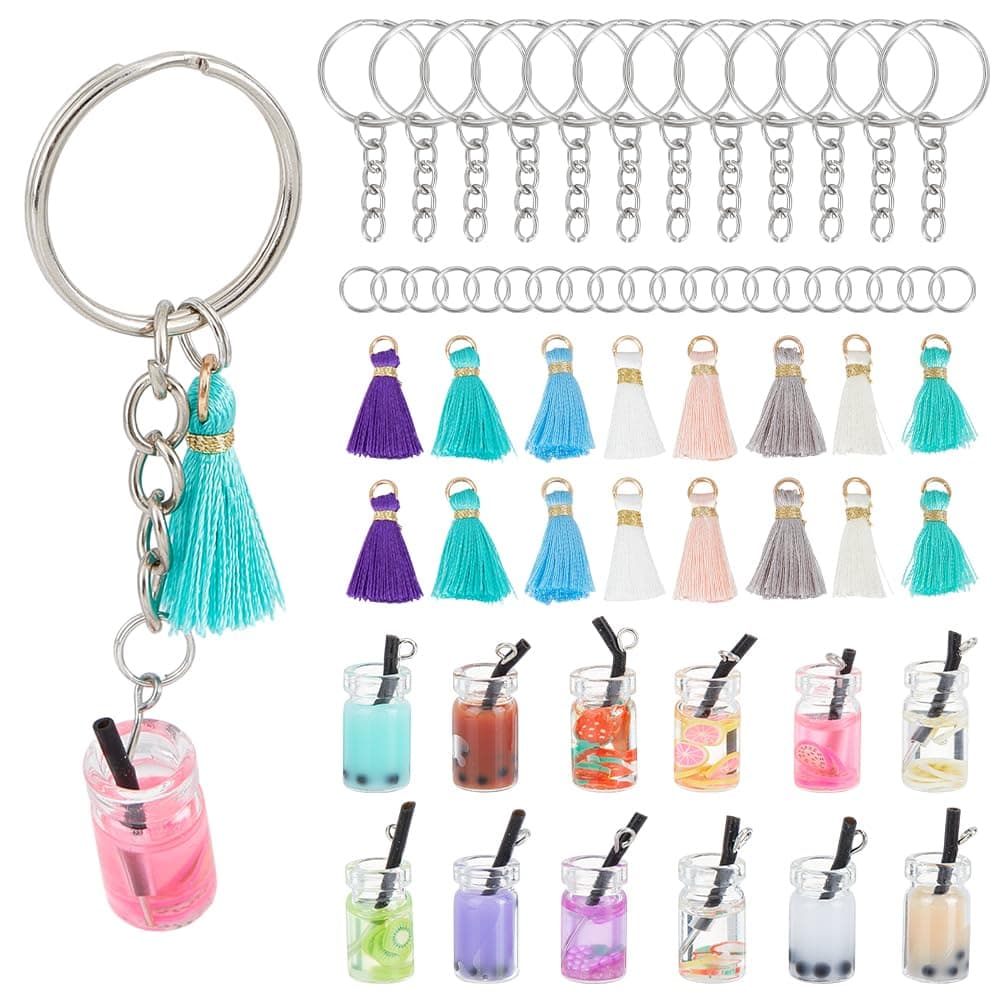 60pcs Bubble Tea Keychain Kit Colorful Boba Keychains Making Kit Milk Tea Keychain Accessories Boba Charms Milk Cup Pendants with Tassels Keychains Rings for DIY Jewelry Making