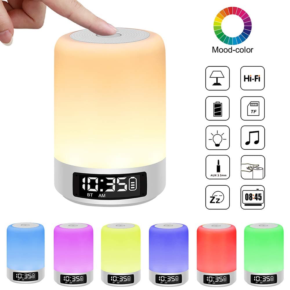 Amouhom Night Lamp, LED Light with Bluetooth Speaker Digital Clock in 8 Color Changing and 3 Brightness, Supports SD Card Aux Connection Hand-Free Calls Perfect Gifts for Kids (Silver)
