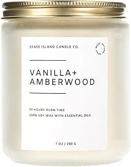 Vanilla Amber Wood Scented Candle – 100% Soy Wax, 50 Hour Burn – Amberwood, Warm Vanilla, Cozy Aromatherapy Gift for Women or Men – Luxury Candle for Home, Bedroom, Bath, Relaxation