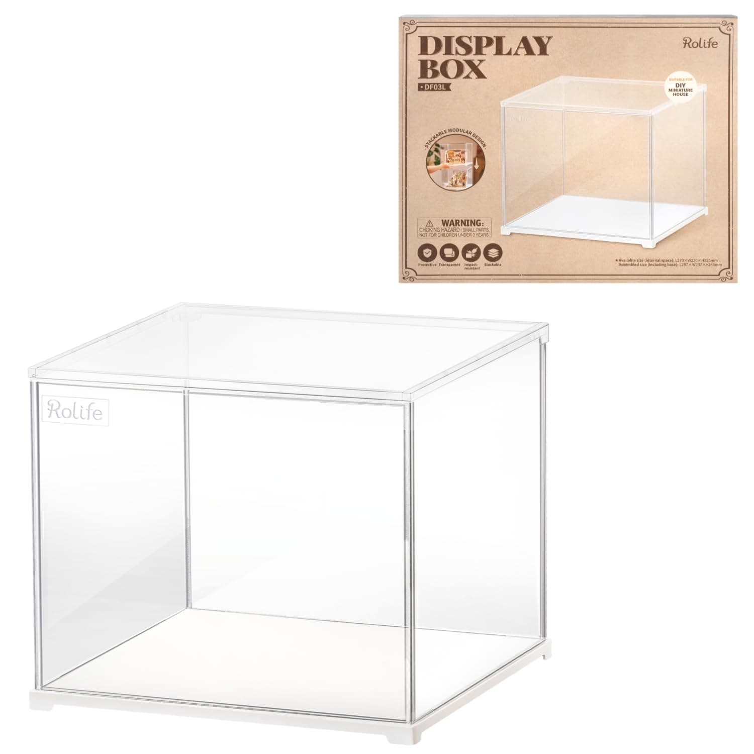 Acrylic Display Case Dust Cover for Collectibles, Stackable Showcase Dustproof Protection with White Base with Door for Shoes,Books,Toys,Collectibles Memorabilia Figurines(11.3''x9.6''x9.3'')