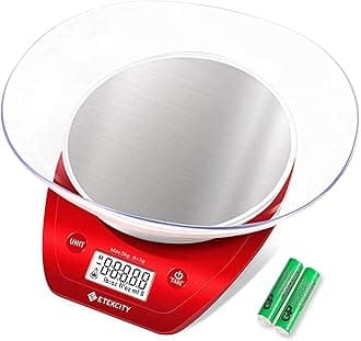 0.1g Food Kitchen Scale, Bowl, Digital Grams and Ounces for Weight Loss, Dieting, Baking, Cooking, and Meal Prep, 11lb/5kg, Stainless Steel Red