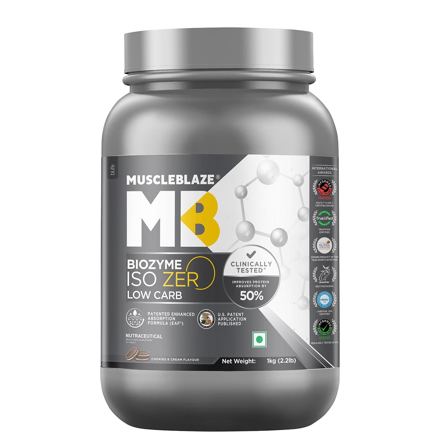 - MuscleBlaze Biozyme Iso-Zero, Low Carb Whey Protein Isolate Powder, 27g Isolate Whey Per Scoop (Cookies & Cream, 1kg / 2.2lbs) | USA Patent-Published Enhanced Absorption Formula (EAF)