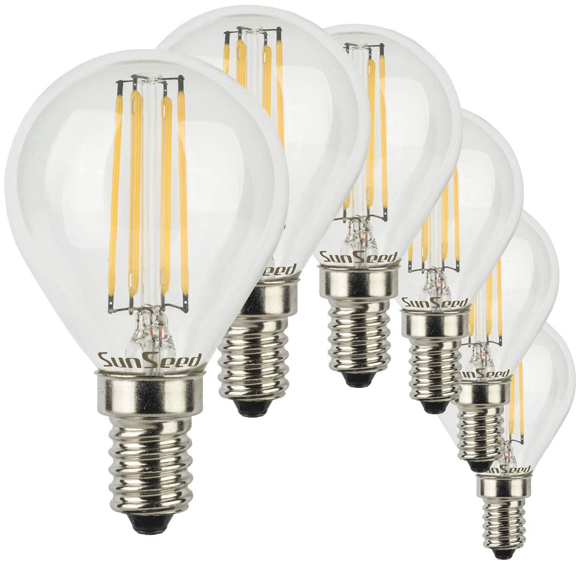 SunSeed, Two-Year Guarantee, 6 X E14 4W (Equivalent to 40W) Sapphire Filament LED Golf Ball Light Bulb G45 AC220-240V Warm White 2700K 400 Lumens 300° Driver IC No Flicker [Energy Class A++]