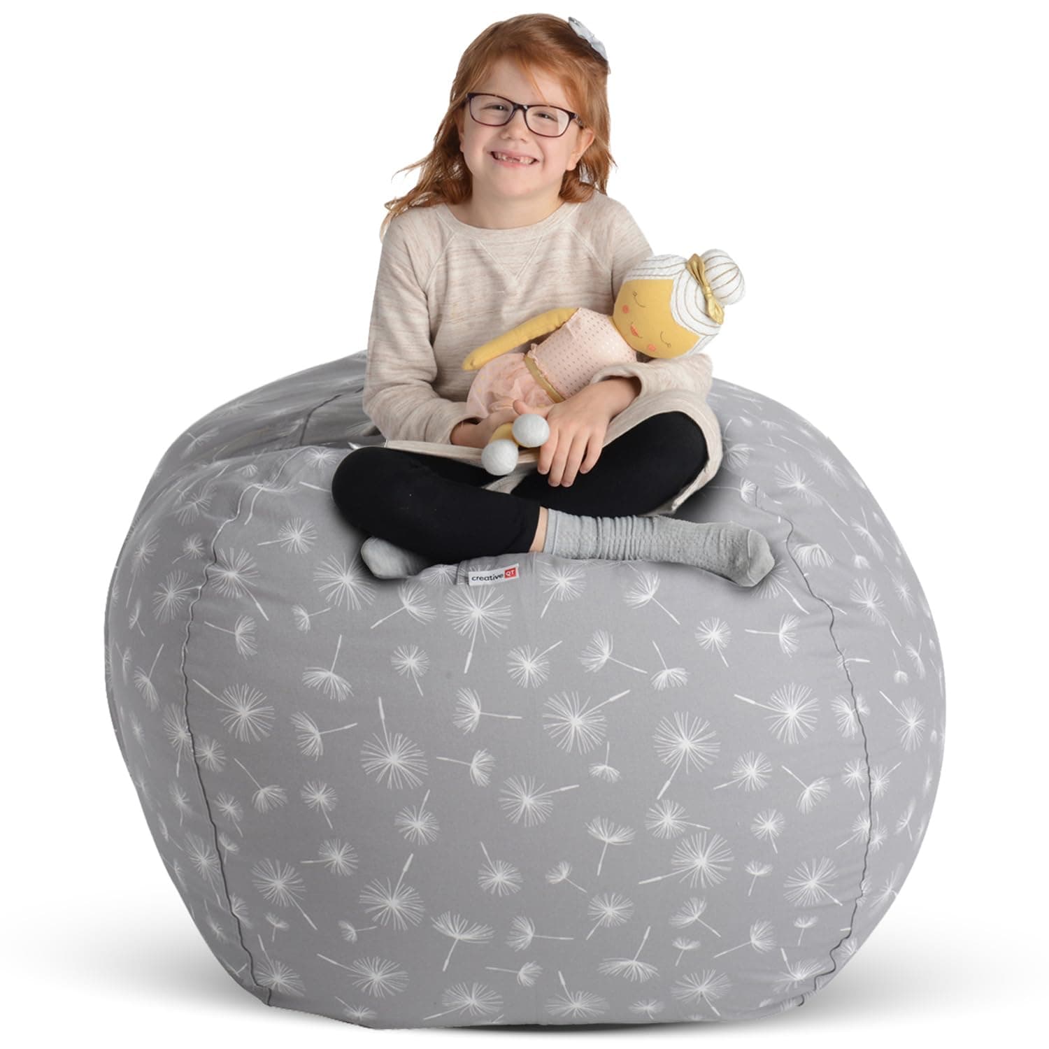 Creative QT Stuff ’n Sit Large 33’’ Bean Bag Storage Cover for Stuffed Animals & Toys, Giant Beanbag Chair for Kids Ages 3-14, Bedroom Organizer for Easter, Gray Dandelion