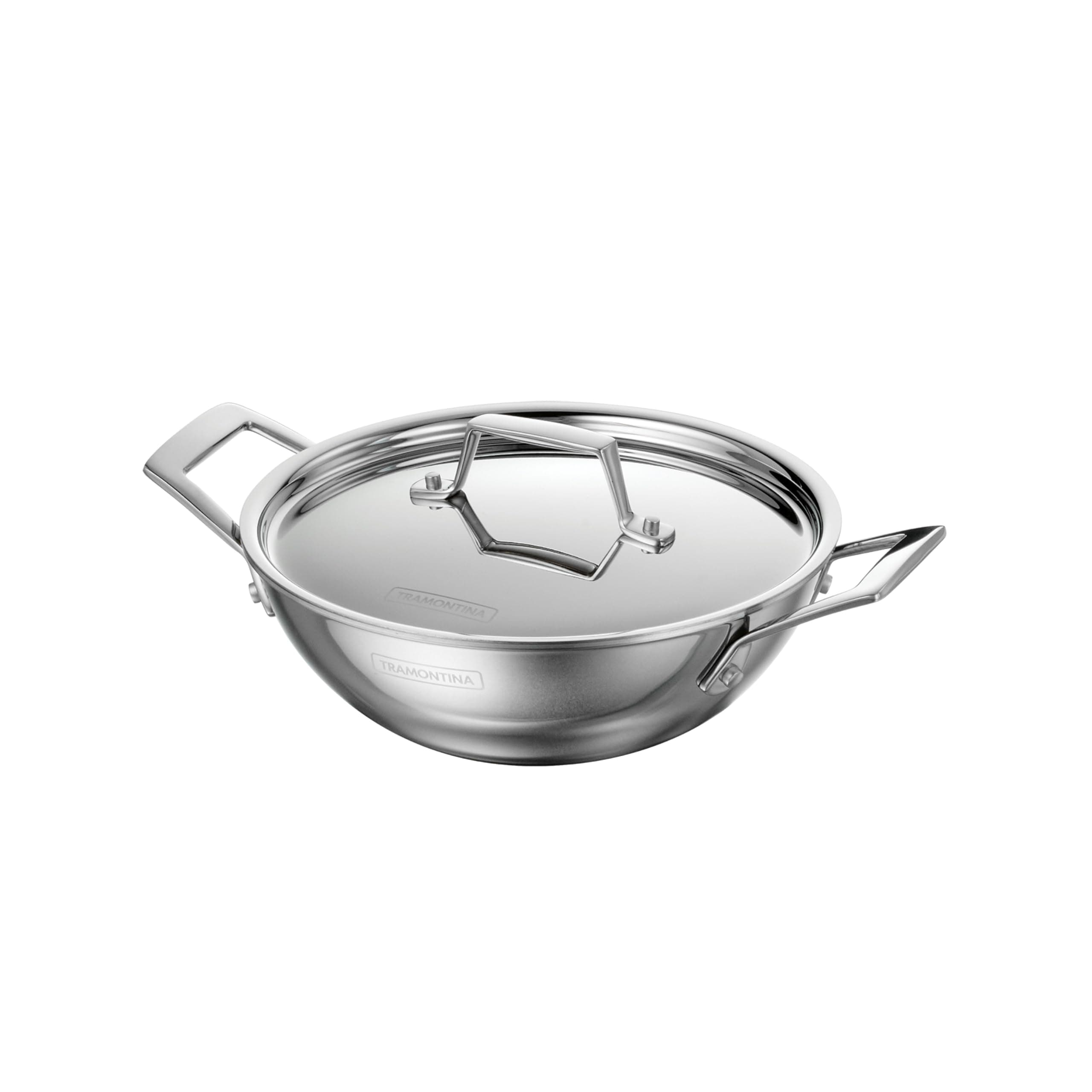 Tramontina Utsava 1.8-Quart Tri-Ply Clad Stainless Steel Kadai with Lid, Small Kadhai Pot for Indian Cooking