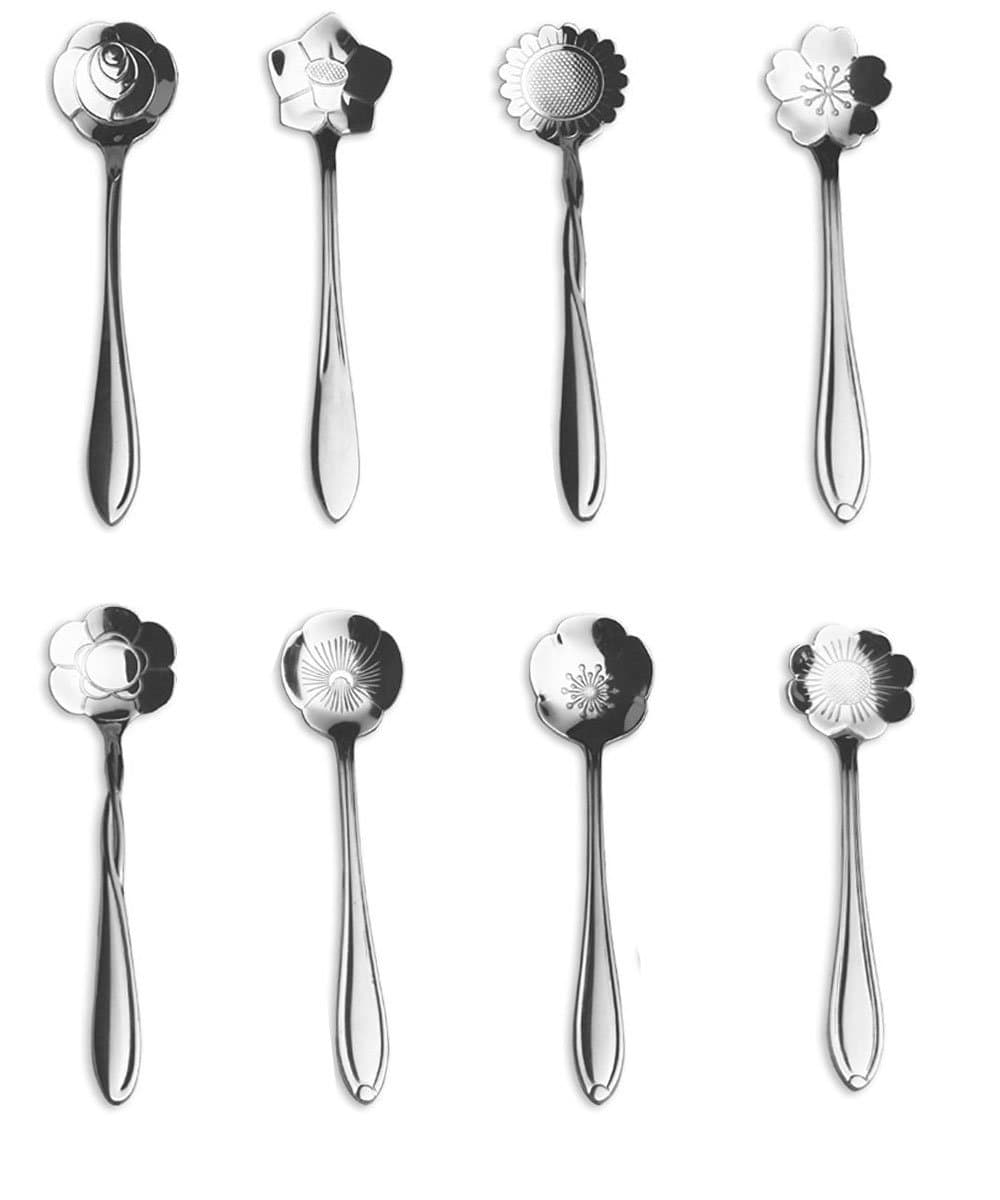 8pc Creative Floral Stainless Steel Spoons Teaspoons Coffee Scoops Tableware Tablespoons for Espresso Tea Coffee Dessert Ice Cream Sugar Appetizers Cake Bistro Tea Party 5 INCH