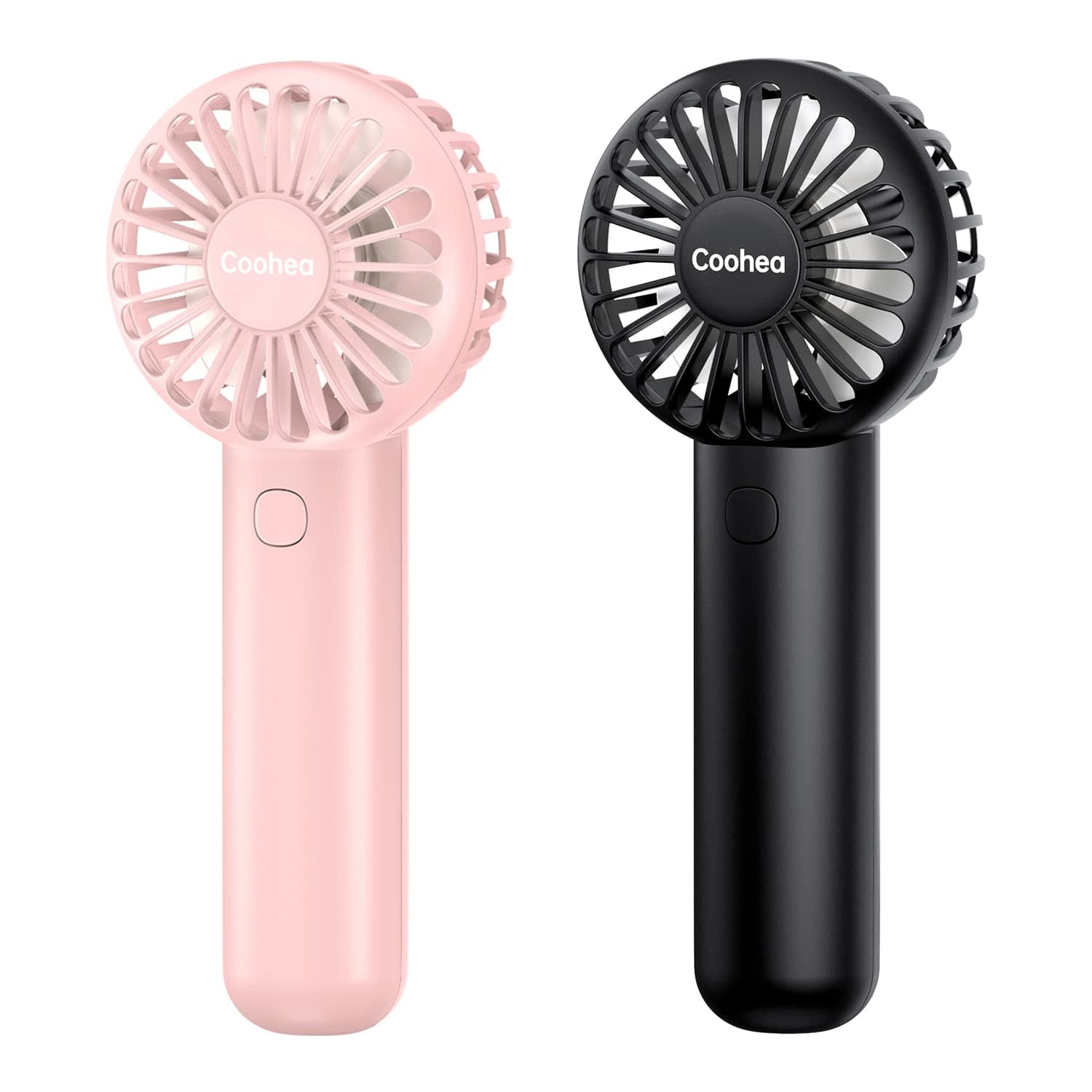 2-Pack Pink & Black Handheld Fan, Small Cute Design, 3 Powerful Speeds, Operated by USB/Rechargeable Battery, Portable Personal Fan with Base & Lanyard, for Eyelash Makeup Travel Beach Desk