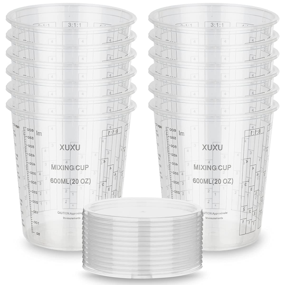 Clear Plastic Mixing Cup with Lids, Paint and Epoxy Mixing Cups Container for Paint, Resin, Epoxy, Art, Multiple Calibrated Mixing Ratios, Measurements in OZ. and ML (12pack,20ounce)