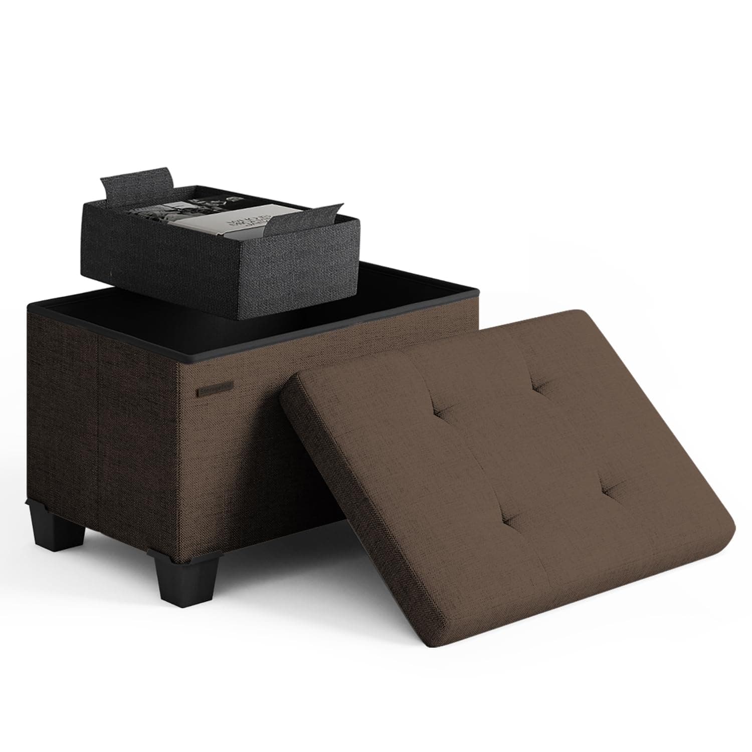 Storage Ottoman Cube with Small Bin, 16-in Square Ottoman with Storage for Living Room and Bedroom, Small Ottomans Foot Rest, Fabric Foot Stools Ottomans Max 330lbs, Brown