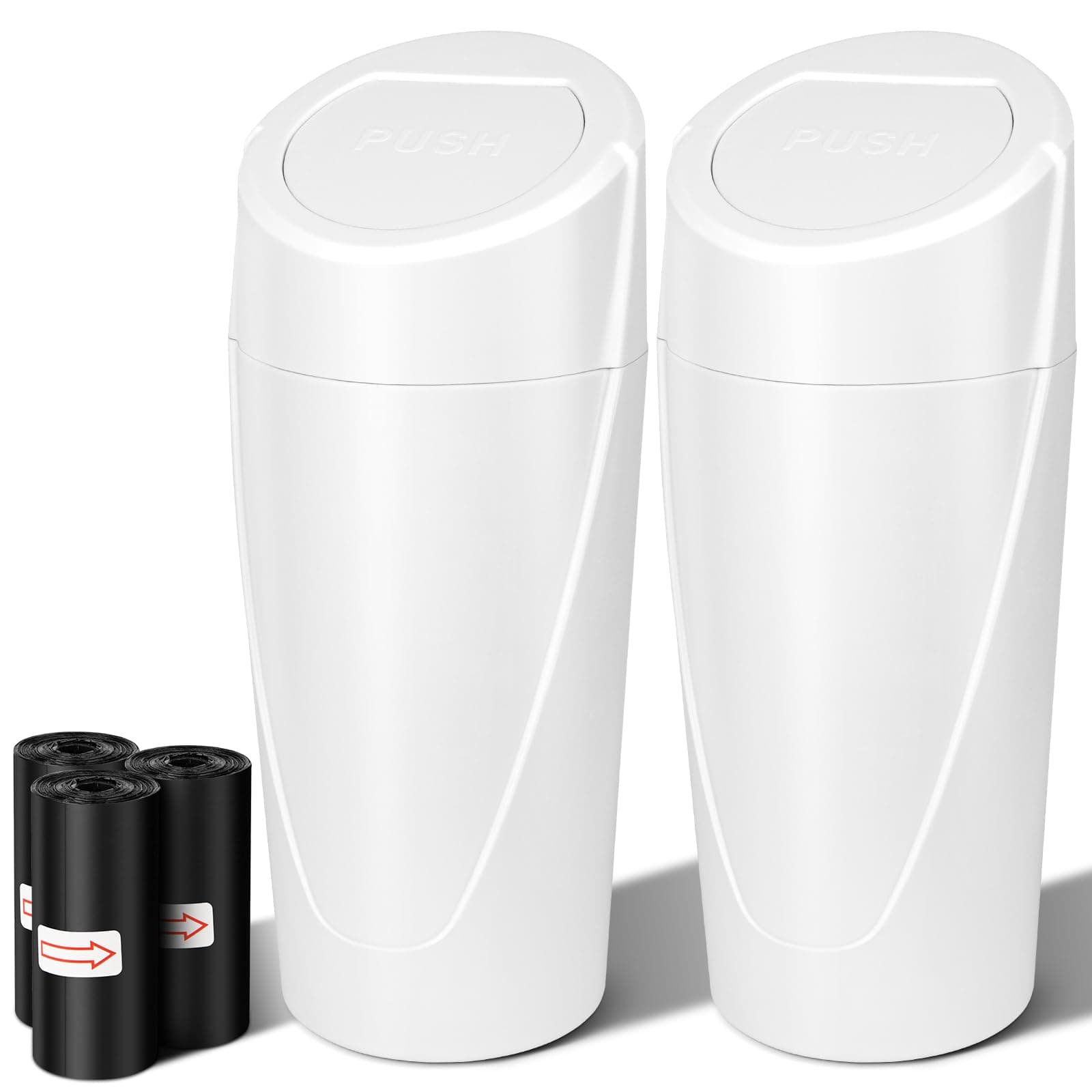 KeweisCar Trash Can with Lid, 2 Pack Car Cup Holder Garbage Cans, Mini Leakproof Vehicle Trash Bin with 60pcs Trash Bags, Organizers and Storage for Car, Home, Office (White)