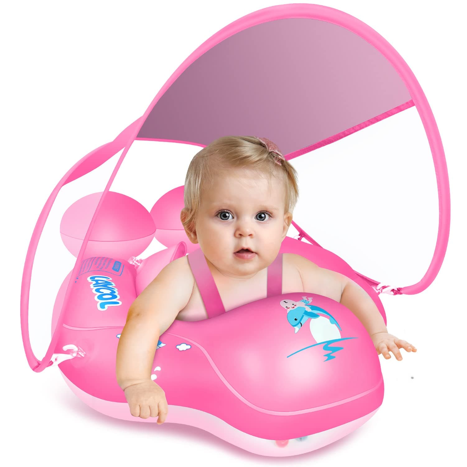 Upgraded No Flip Over Baby Pool Float, Baby Float with Canopy UPF50+, Inflatable with Double Air Chambers,Five Safety Protection Anti-flip Safe, Baby Swimming Float with 2 Tail for 6-36 Months