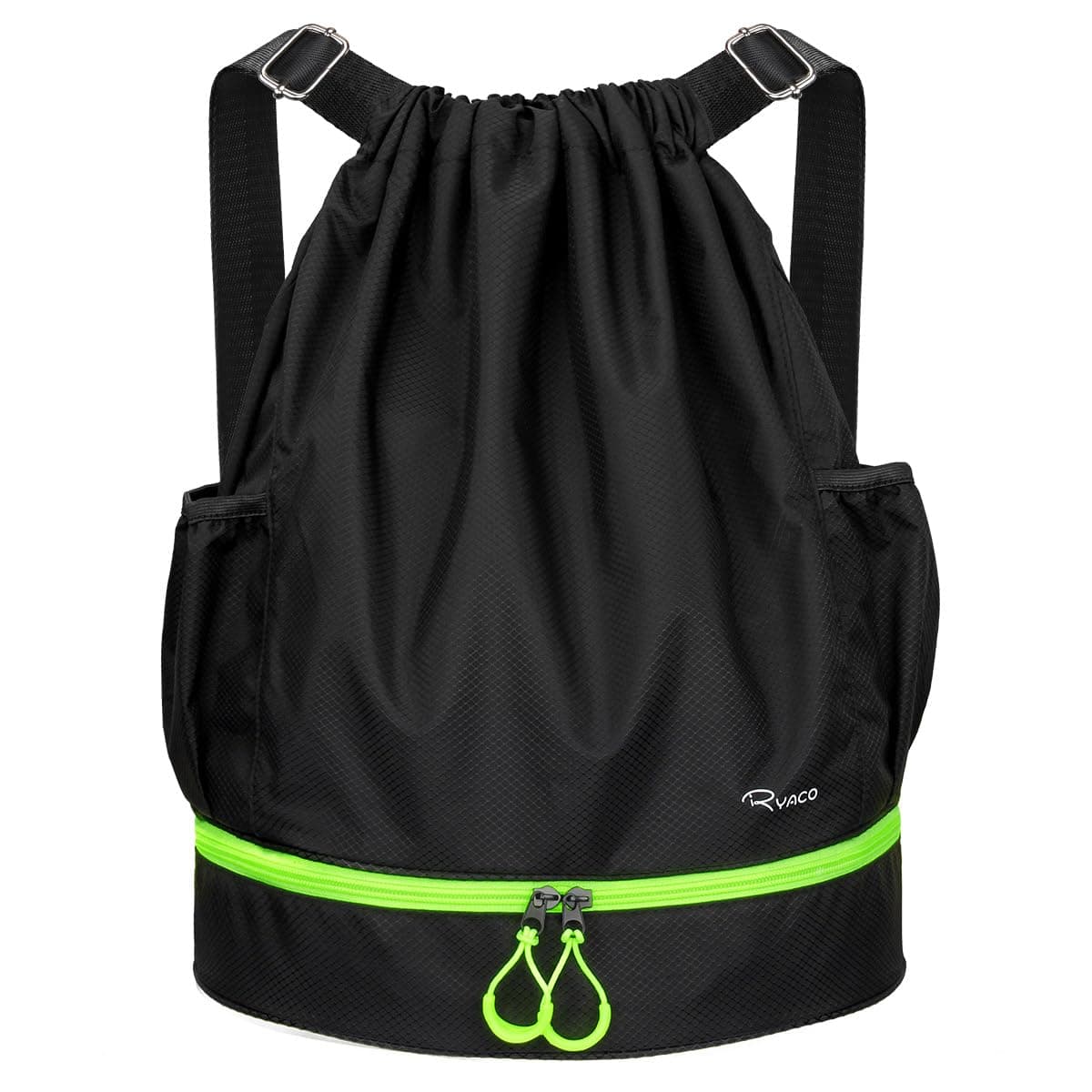 RYACO Drawstring Backpack Sports Gym Bag, Water Resistant String Sackpack Large Size with Zipper and Water Bottle Mesh Pockets for Gym Shopping Sport Yoga School Swimming Beach