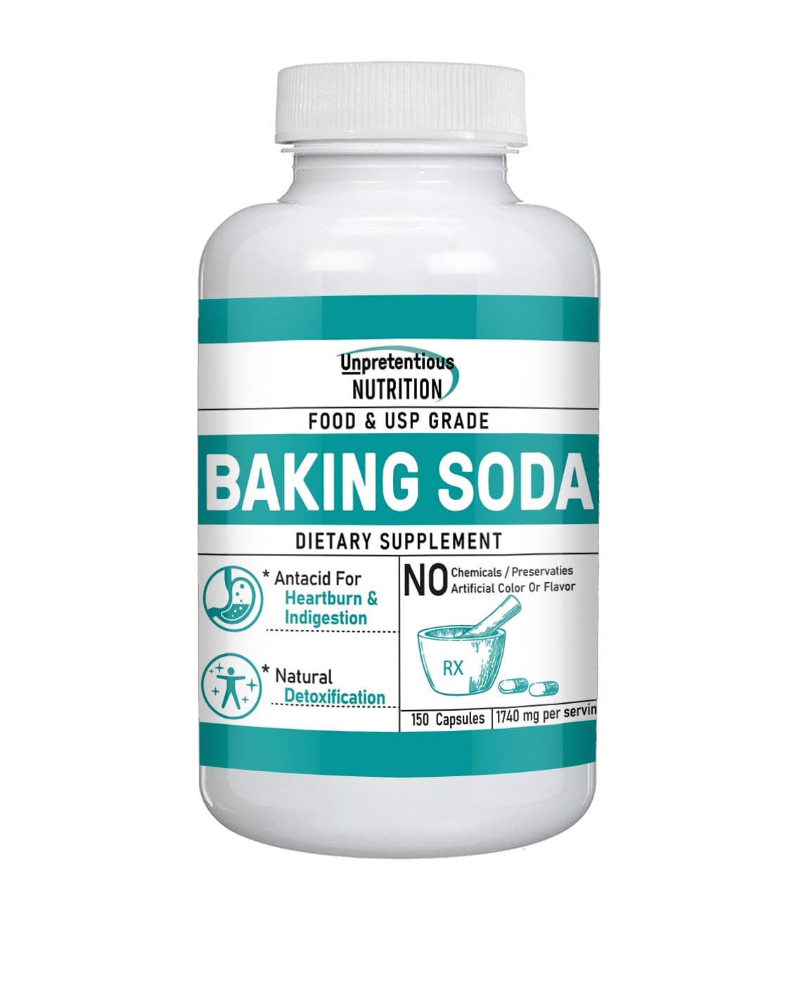 Baking Soda Capsules, 150 Capsules, 1,500 mg/Serving by Unpretentious Nutrition, Sodium Bicarbonate Antacid, for Acid Indigestion & Heartburn