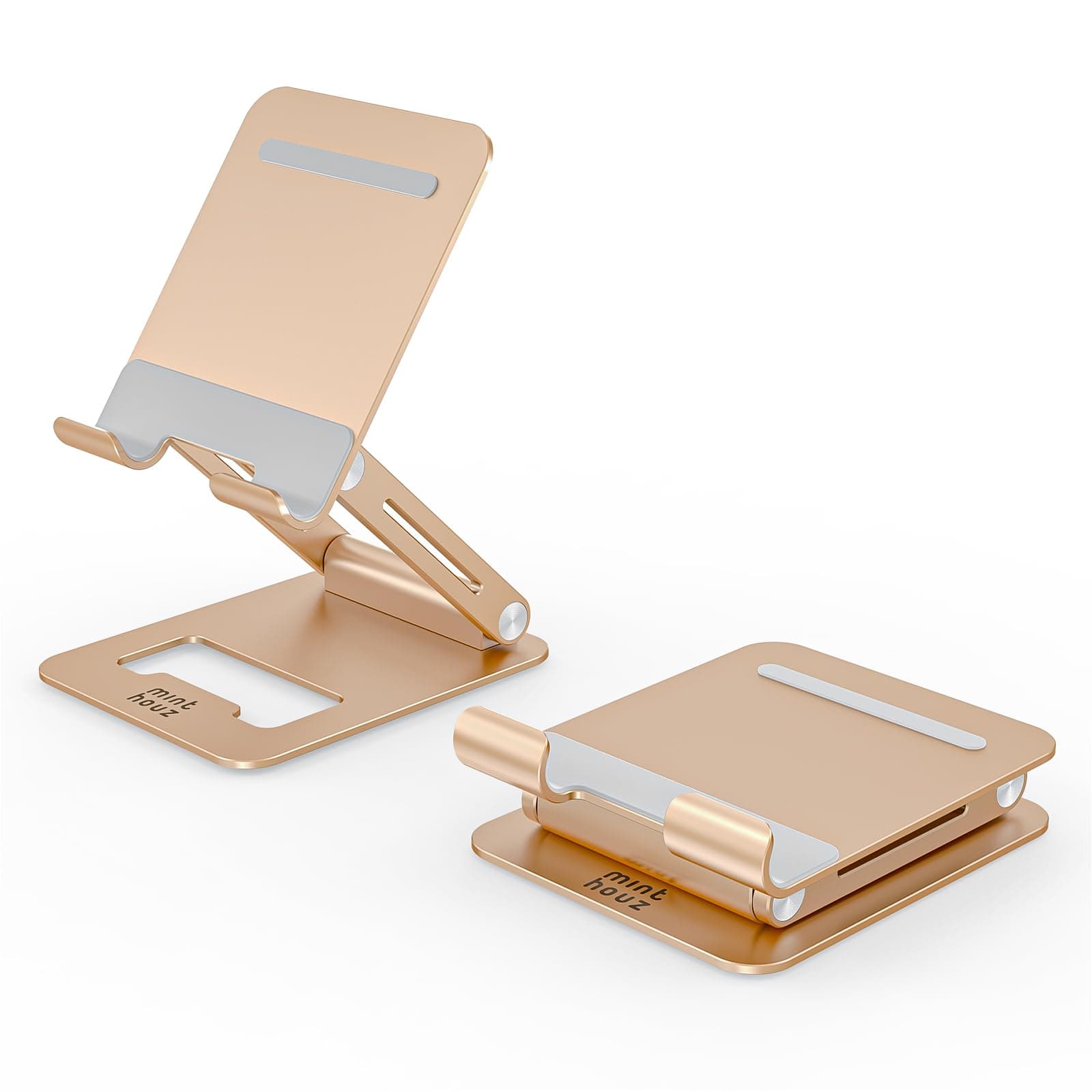 Tablet Stand, Multi-Angle Adjustable Tablet Holder, Aluminum iPad Stand Compatible with iPhone 17 16 15 14 13 Pro Max Mini, 12 11 XR X8 Plus SE, Smartphone (Gold)