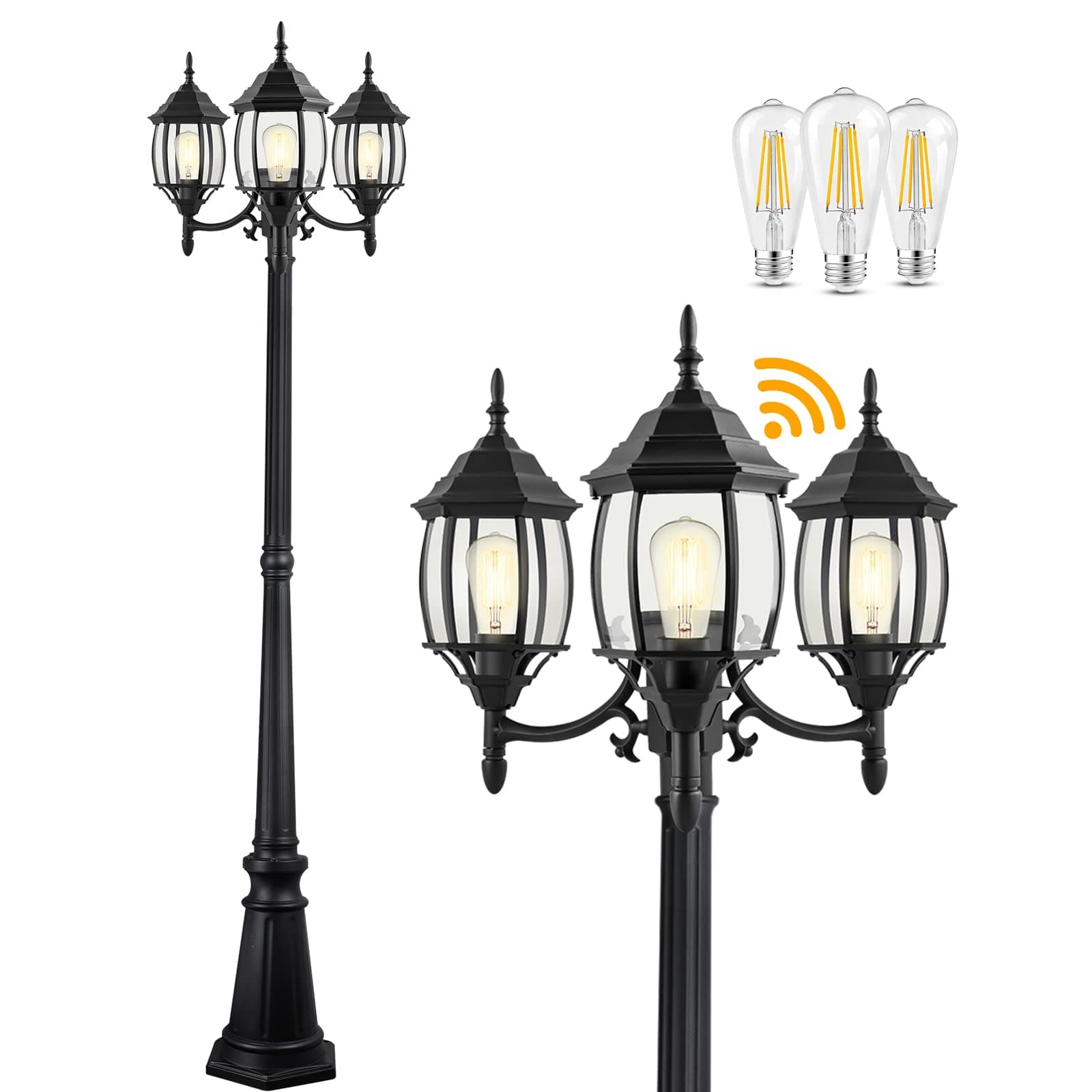 Dusk to Dawn Sensor Outdoor Lamp Post Light 3-Head, Classic Black Light Pole with Clear Glass Panels (3 LED Bulbs Included, Max.100W), Waterproof Outside Street Light for Backyard, Garden, Driveway