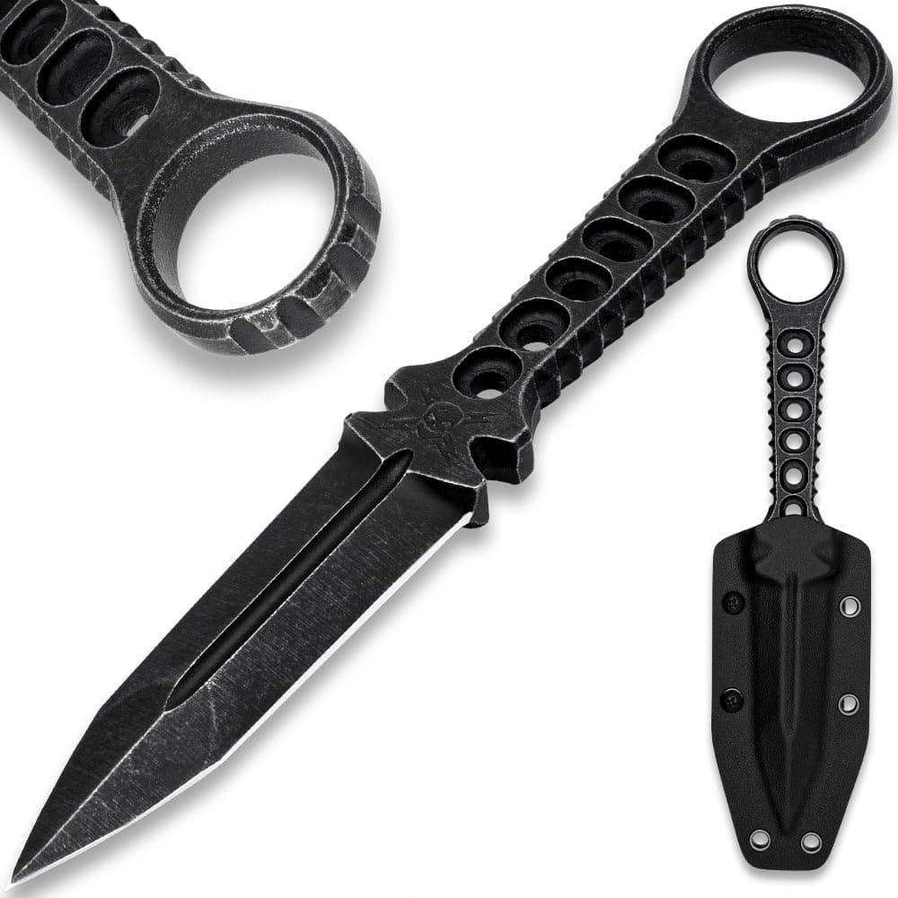 Tanker Combat Dagger | 4 1/4" Double-Edged 3Cr13 Stainless Steel Blade | Stonewashed Finish | Open-Ring Pommel | Kydex Sheath with Metal Belt Clip | 9 1/2" Overall Length