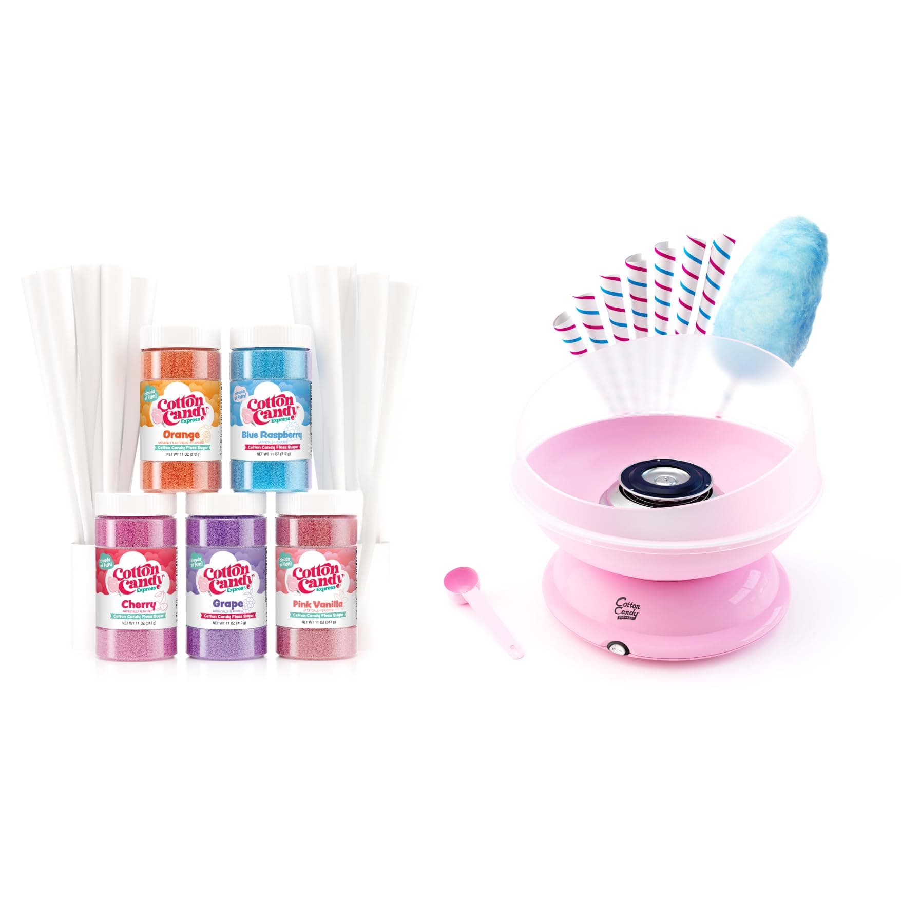 CC1000-S Cotton Candy Machine, with 5-11oz. Jars of Cherry, Grape, Blue Raspberry, Orange, Pink Vanilla Floss Sugar & 50 Paper Cones Easy to Use and Clean