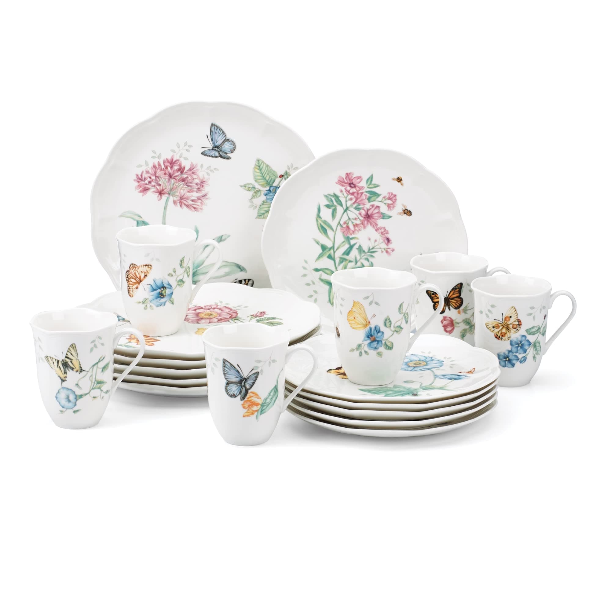 Lenox Dinnerware Set, Butterfly Meadow 18-Piece Set, Service For 6, White Porcelain, Butterfly And Flower Designs, Plates And Bowls Sets, Dishwasher Safe, Home & Kitchen (18 Pieces, Assorted)