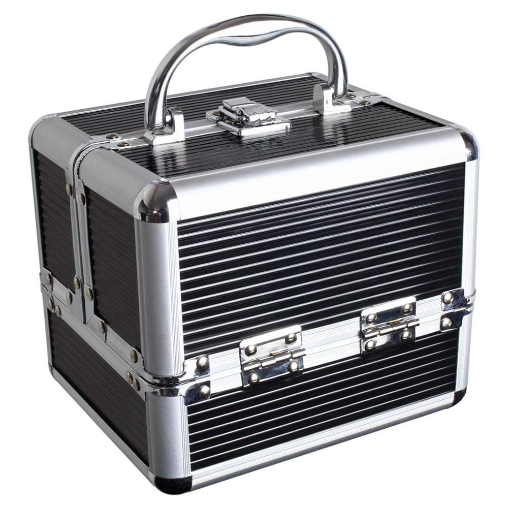 Aluminium Make Up Case, Cosmetic Case, Hard Vanity Case, Make Up Box, Beauty Case - 4 x Fold Out Trays, Larger Bottom Compartment & Carry Handle - Small
