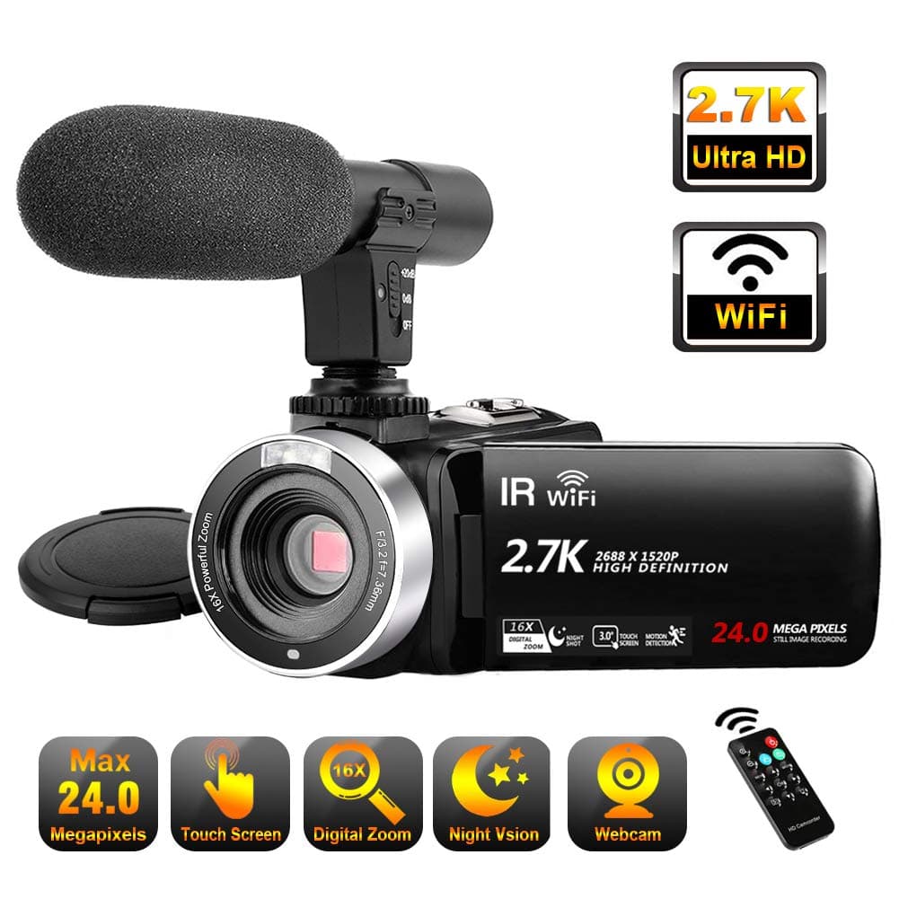 Video Camera Camcorder with Microphone WiFi IR Night Vision Vlogging Camera Ultra HD 2.7K 30FPS 24MP 16X Digital Zoom 3" LCD Touch Screen YouTube Camera Recorder
