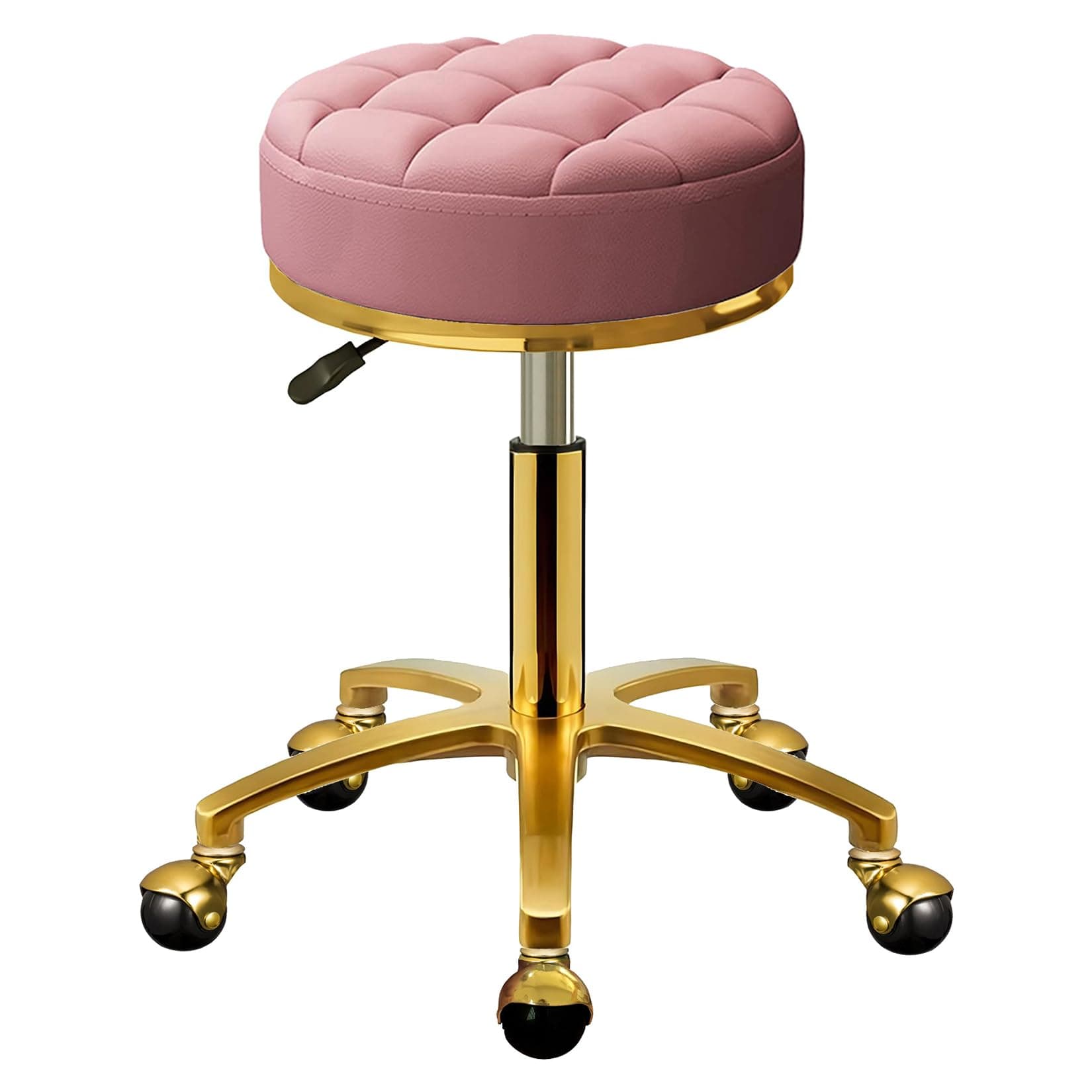 Rolling Stool Gold Vanity Stool with Wheels, Pedicure Massage Roller Stools, PU Leather Round Swivel Salon Spa Chair, Titanium Gold Base, Height Adjustable 43-55 cm (Pink)