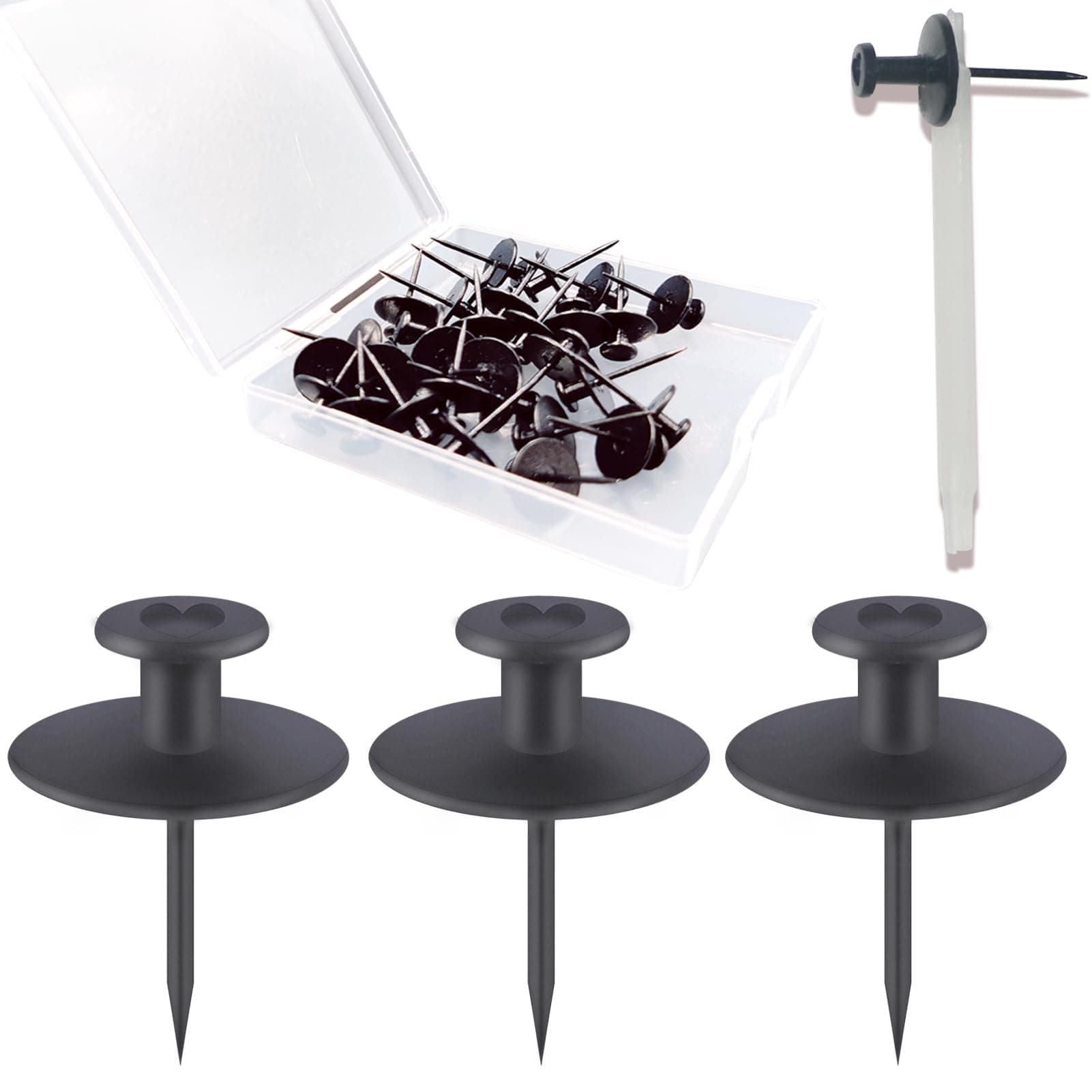 Hoaisun 30 PCS Push Pins Picture Hanger Hooks, Double Headed Nails Push Pin for Wall Hanging Picture, Decorative Small Hook Pins for Drywall Cork Board Home Office Photo Decor (Black) (NBZ-002P)