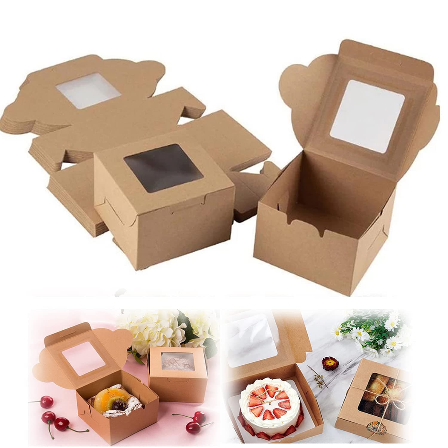 KASTWAVE Bakery Boxes 4x4x2.5 Inches, 10 Pack Small Brown Cake Box Small Kraft Cookie Boxes with Window for Cupcakes, Pies, Donuts