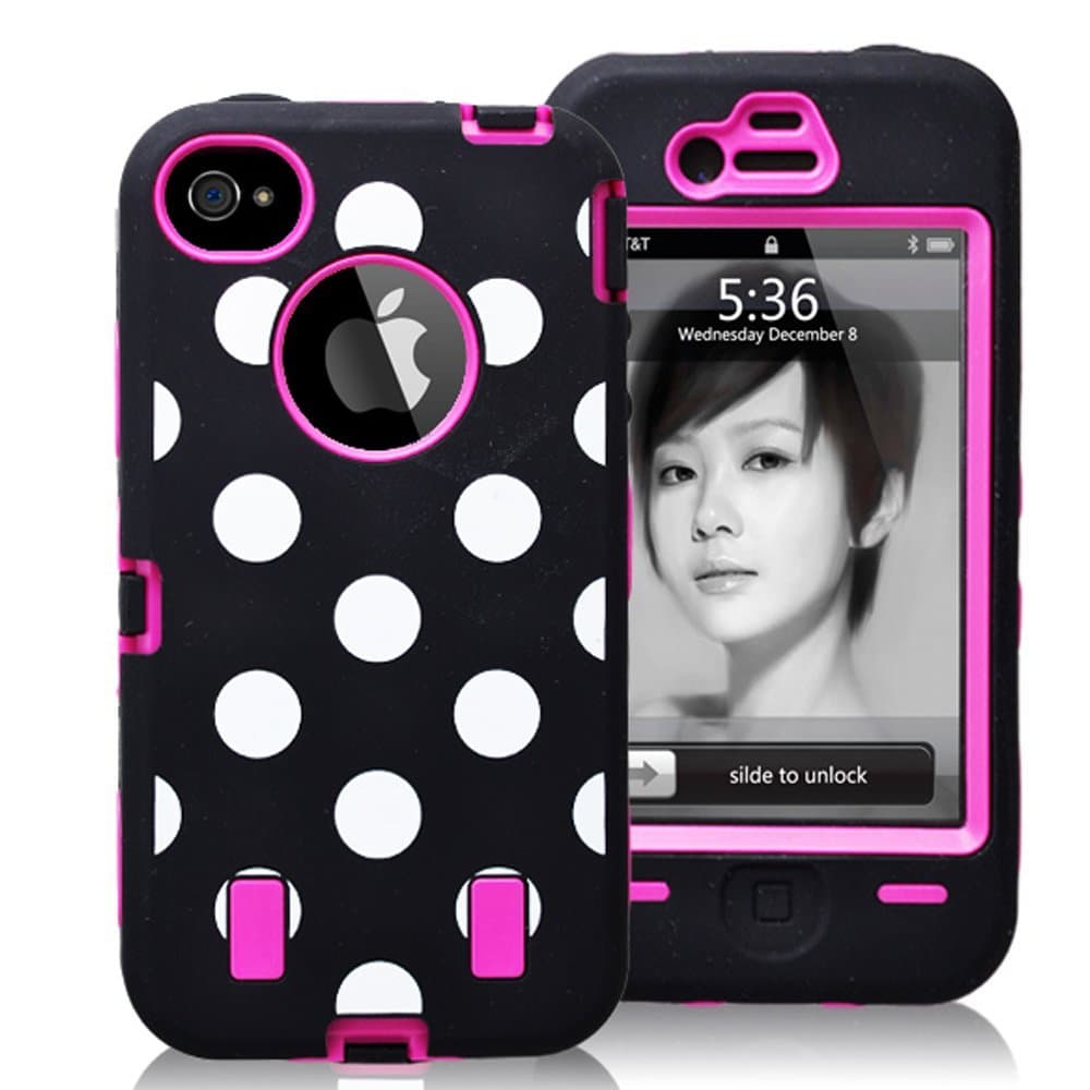 ROKE(TM) White Polka Dot Design Stylish Hard Soft High Impact Hybrid Armor Defender Case Combo for iPhone 4 4S Generation - Black+Rose