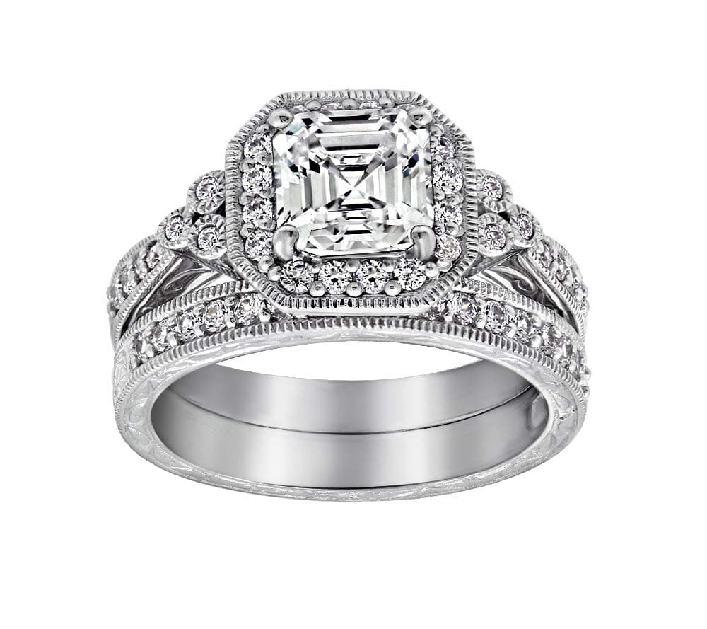 Platinum or Gold Plated Sterling Silver Antique Ring set with Asscher-Cut Infinite Elements Cubic Zirconia