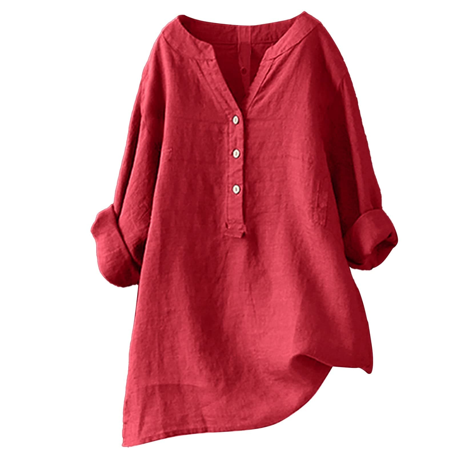 GenericWomens Cotton Linen Shirts Solid 3/4 Sleeve Tunic Tops Oversized Tshirts Casual V Neck Dressy Blouses