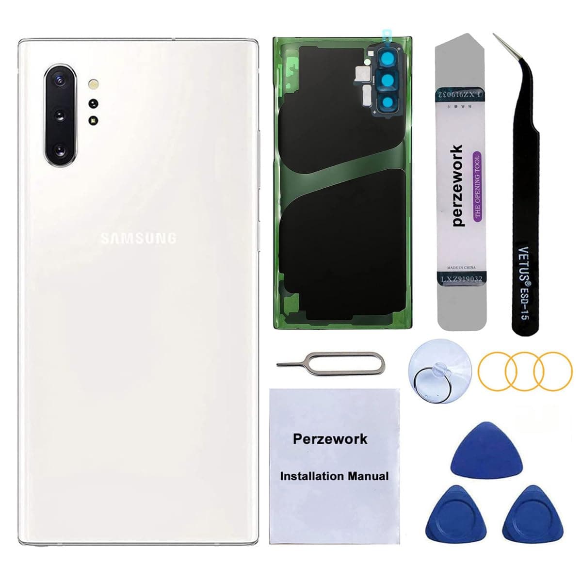 Rear Back Glass Replacement for Samsung Galaxy Note 10+ Plus 6.8-inches 5G with Reparing Toolkit and Installed Adhesive (Aura White)