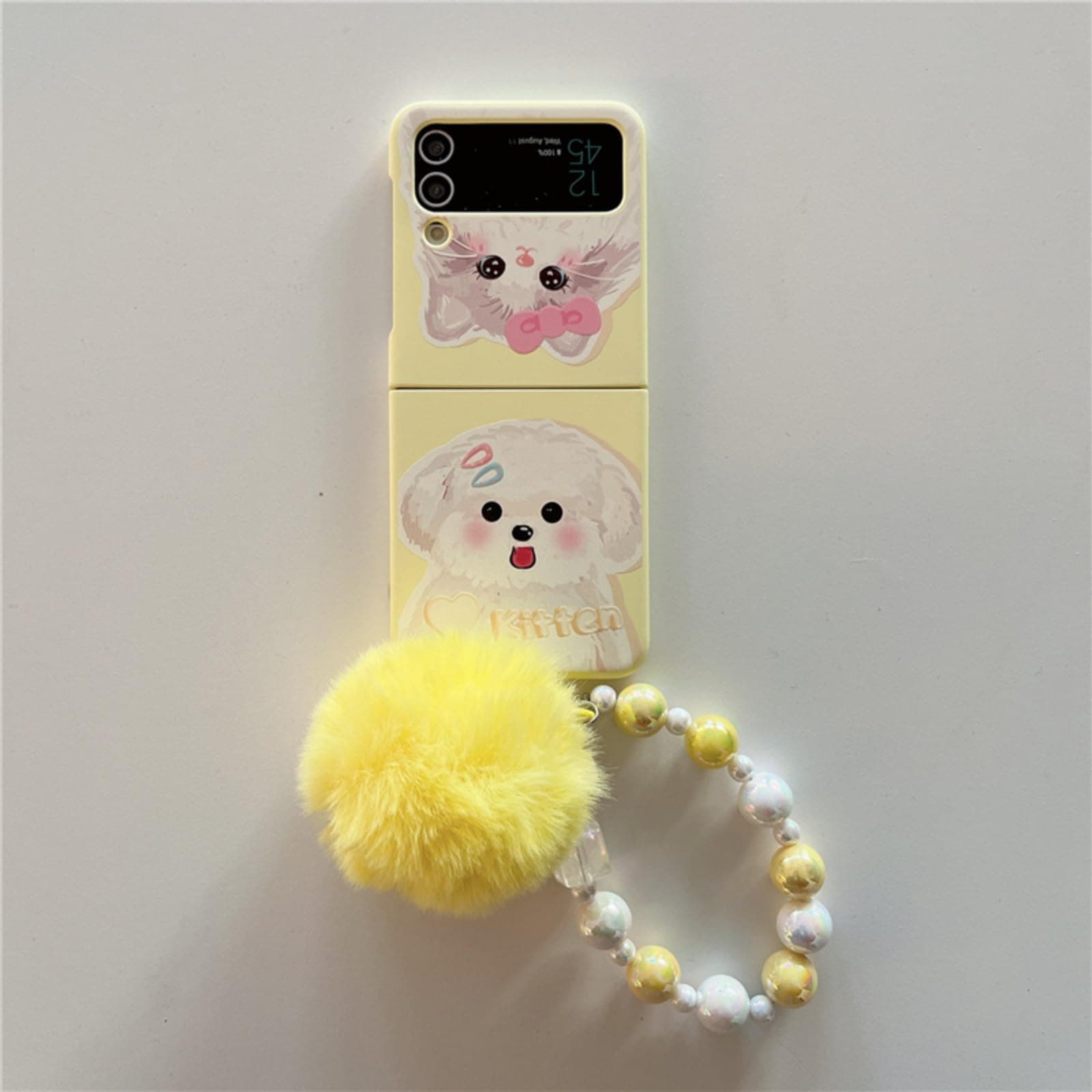 for Samsung Galaxy Z Flip 3/4/5 Generation Folding Phone case with Plush Bracelet,Fun Plush Kitten Puppy Design Cute Animal Pattern Cartoon Style PC Shell (Yellow+Plush Bracelet,Flip 3)