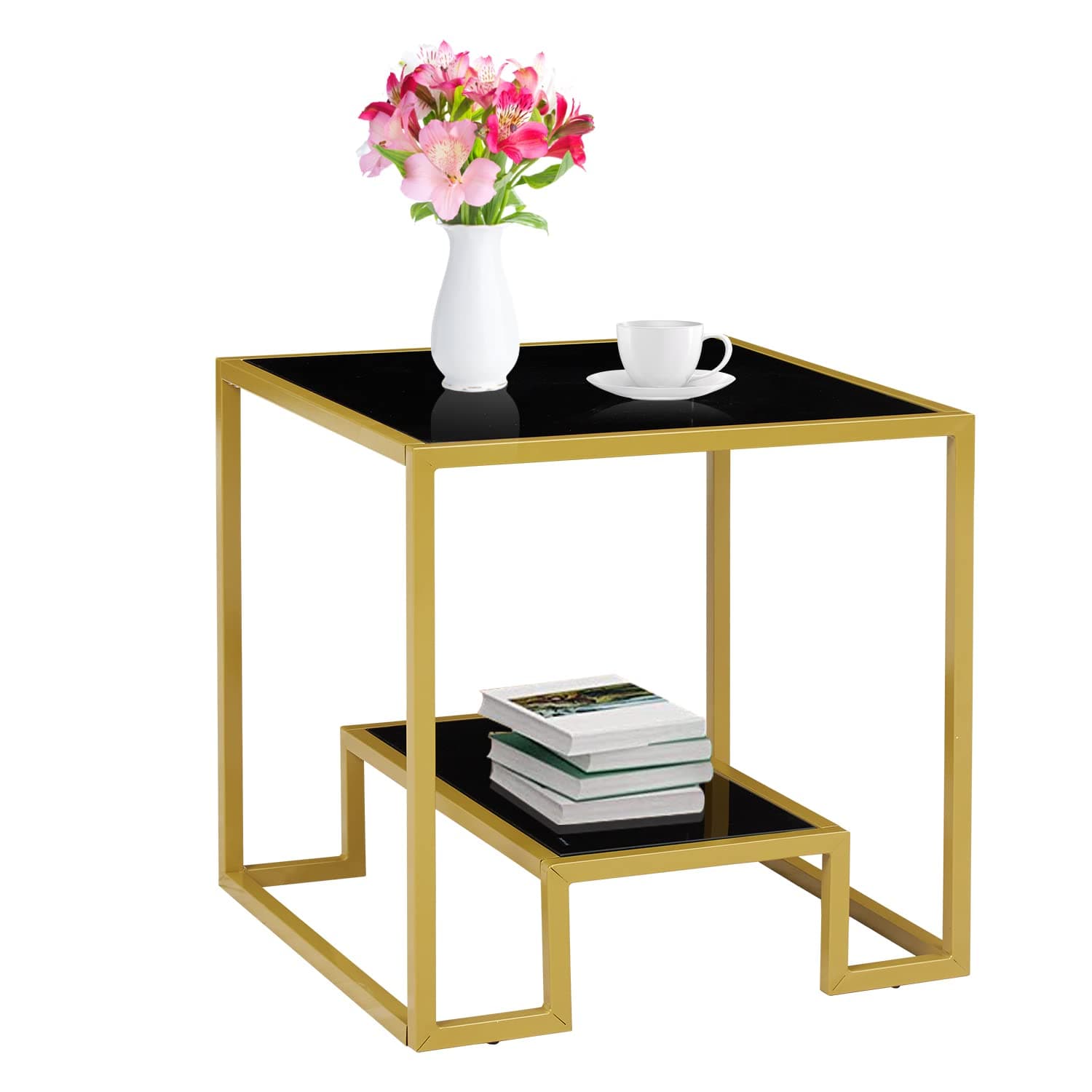 Kinsuite Accent End Table - Modern Brass Side Table with Storage Shelf, 2-Tier Tempered Glass Nightsrand for Living Room Bedroom Waiting Room, Black & Golden
