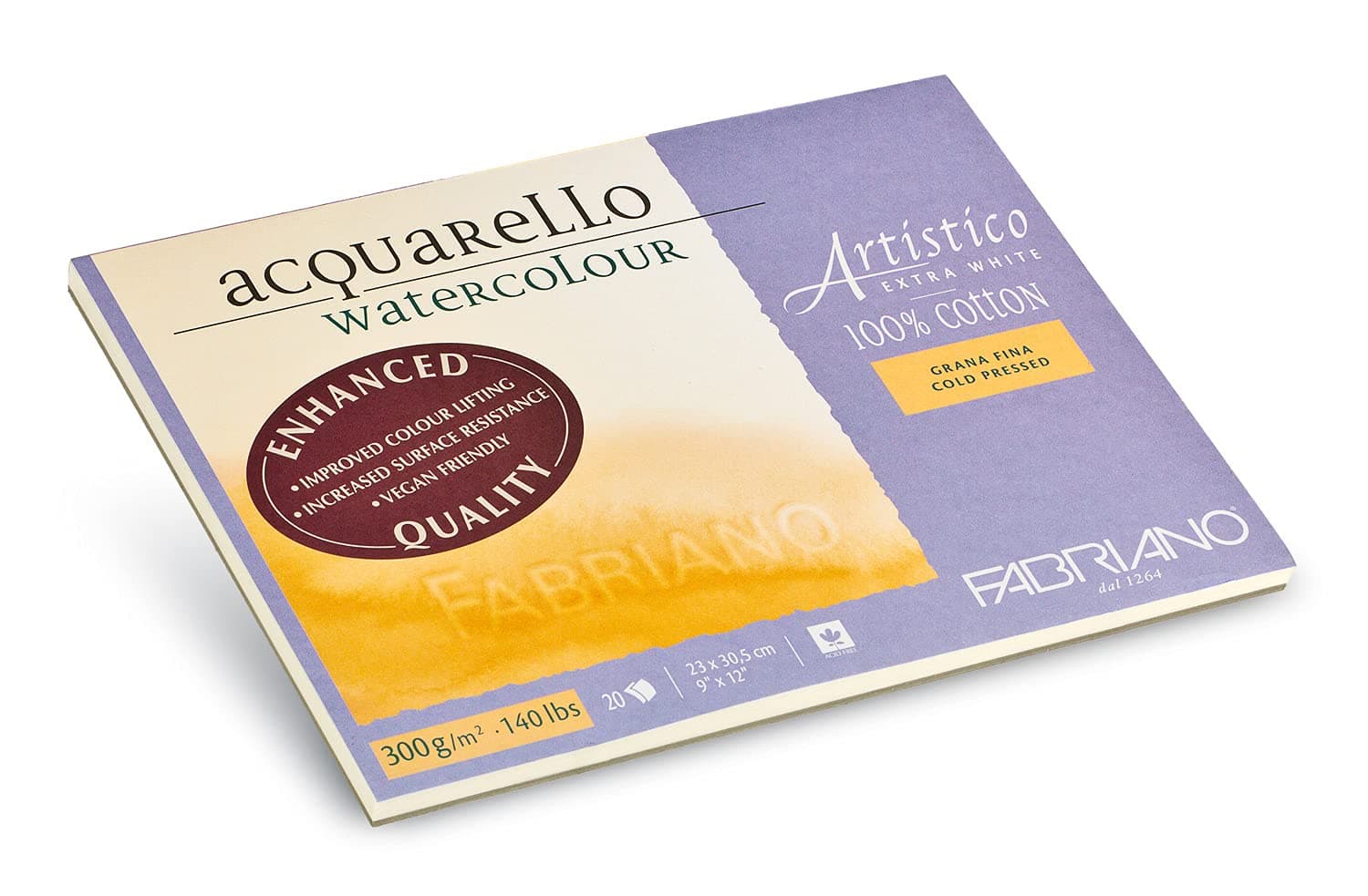 Fabriano Artistico Acquarello, Extra White, Fine Grain, Cold Pressed, 23 x 30.5 cm, 20 Sheets, 300 g/m², Artists' Watercolour Cardboard, Pad Glued on 4 Sides, 23 x 30,5 cm