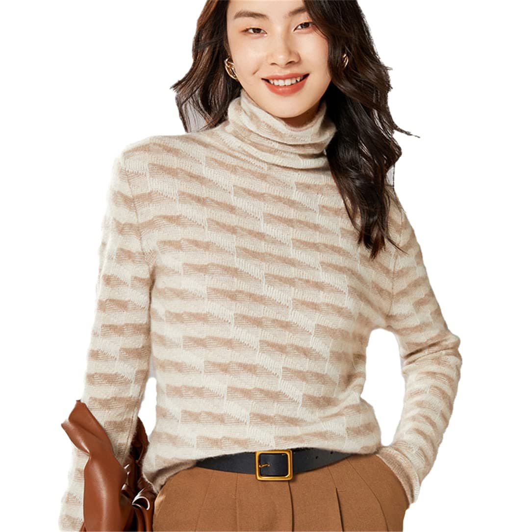 Woman Winter Cashmere Sweaters Knitted Pullovers Turtleneck Long Sleeve Patchwork Jumper