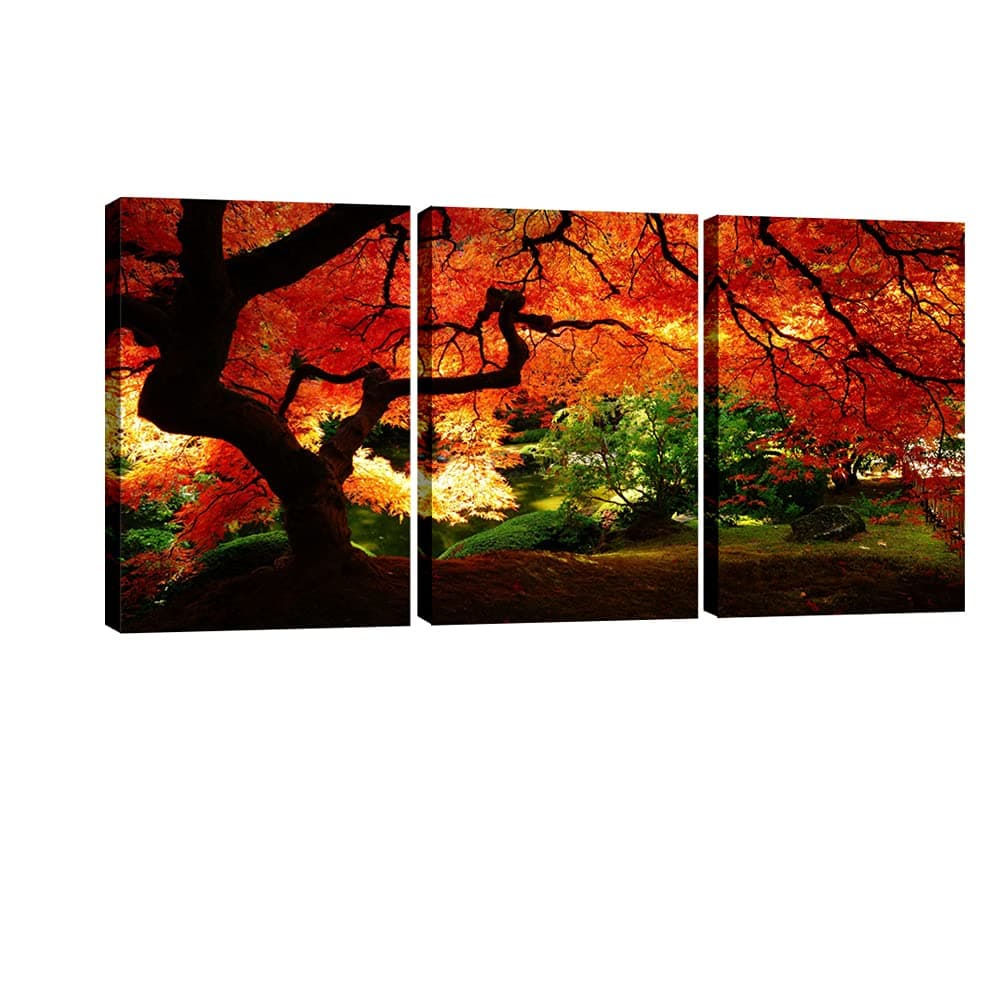 Pyradecor 3 Piece Canvas Prints Wall Art Red Maple Trees Paintings Pictures for Living Room Bedroom Office Decorations Modern Stretched Forest Landscape Ready to Hang Artwork