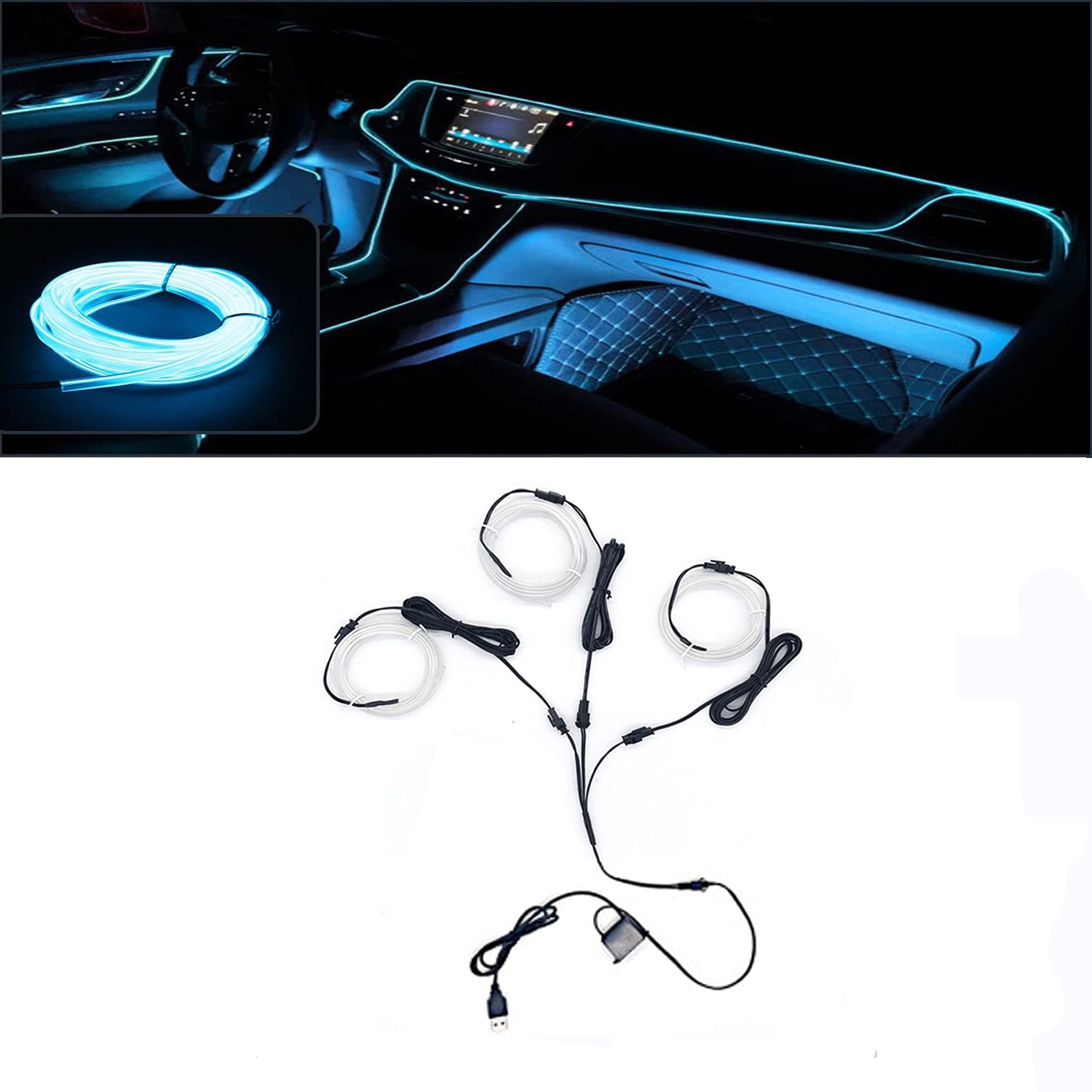 USB Neon Car Atmosphere Ice Blue El Wire, Cold Wire for Interior Wall LED Lights DIY Decorative Strip Light for Car, Including 1 PC 10 FT EL Wire and 2 PCS 3.2 FT EL Wires for Cars (Ice Blue-3 Pack)