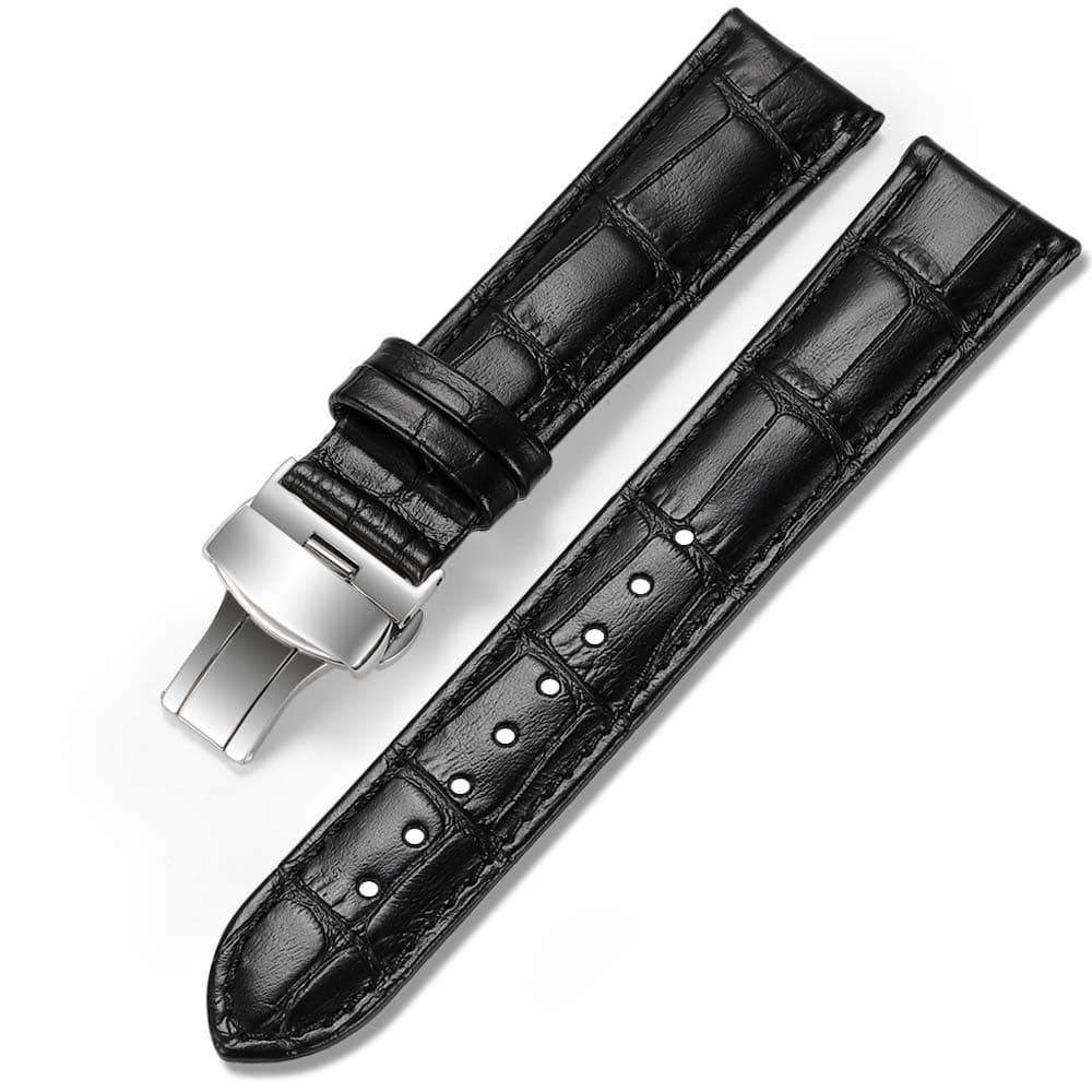 iStrap Leather Watch Band -Alligator Grain Embossed Pattern Calfskin Replacement Strap-Stainless Steel Deployment Buckle with Push Buttons-Bracelet for Men Women-18mm 19mm 20mm 21mm 22mm 24mm