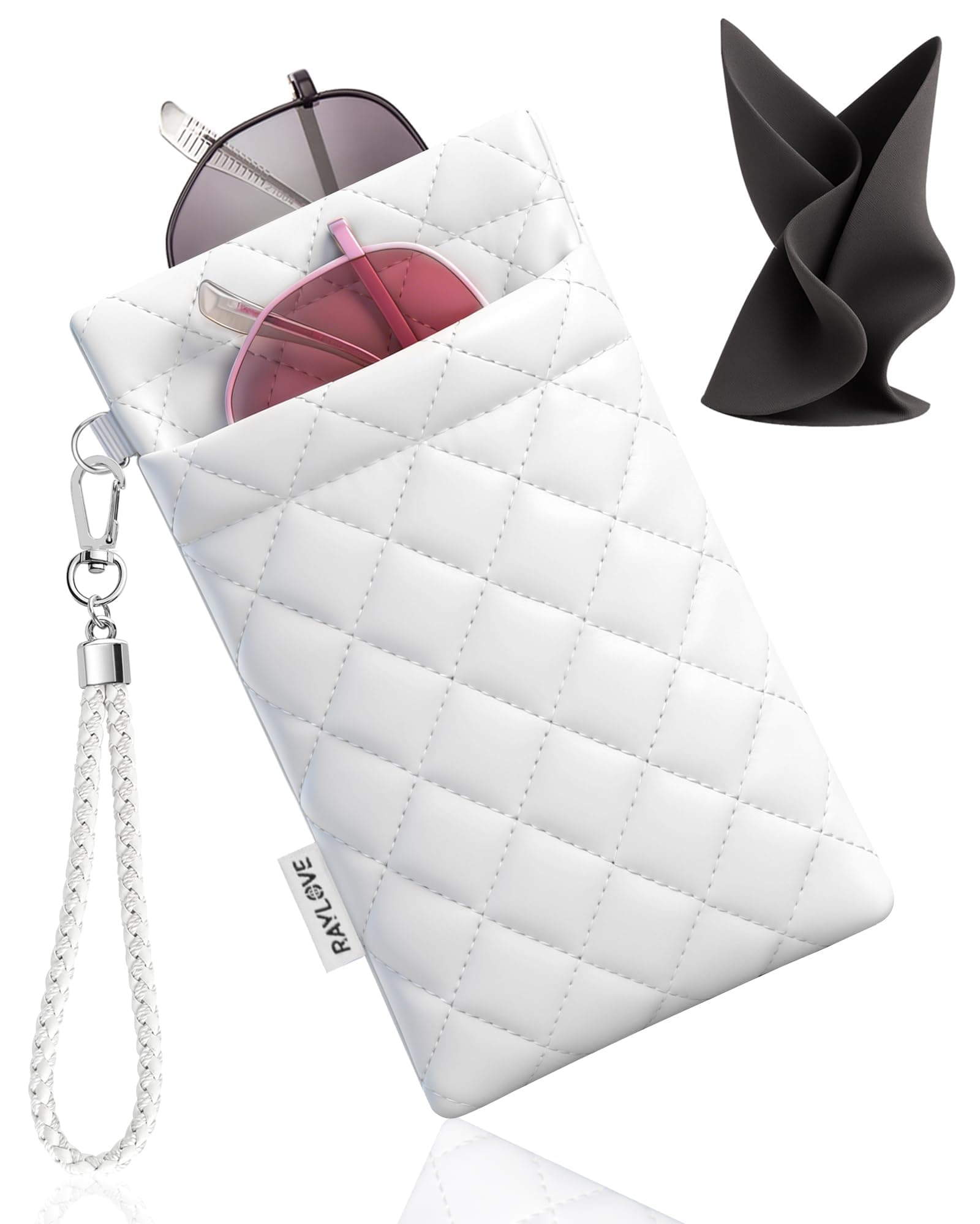 Double Eyeglass Case Glasses Case Soft with Carrying Strap Leather Eyeglasses Pouch Portable Sunglasses Case For Women Men White