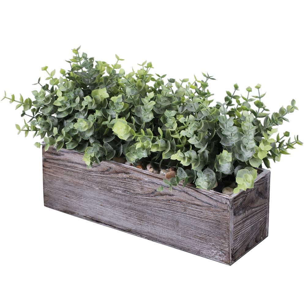 Winlyn Faux Eucalyptus Plants in Rustic Rectangular Wood Planter Box Artificial Eucalyptus Greenery Arrangement Potted Plant in Dusty Green for Wedding Centerpiece Office Room Table Windowsill Décor