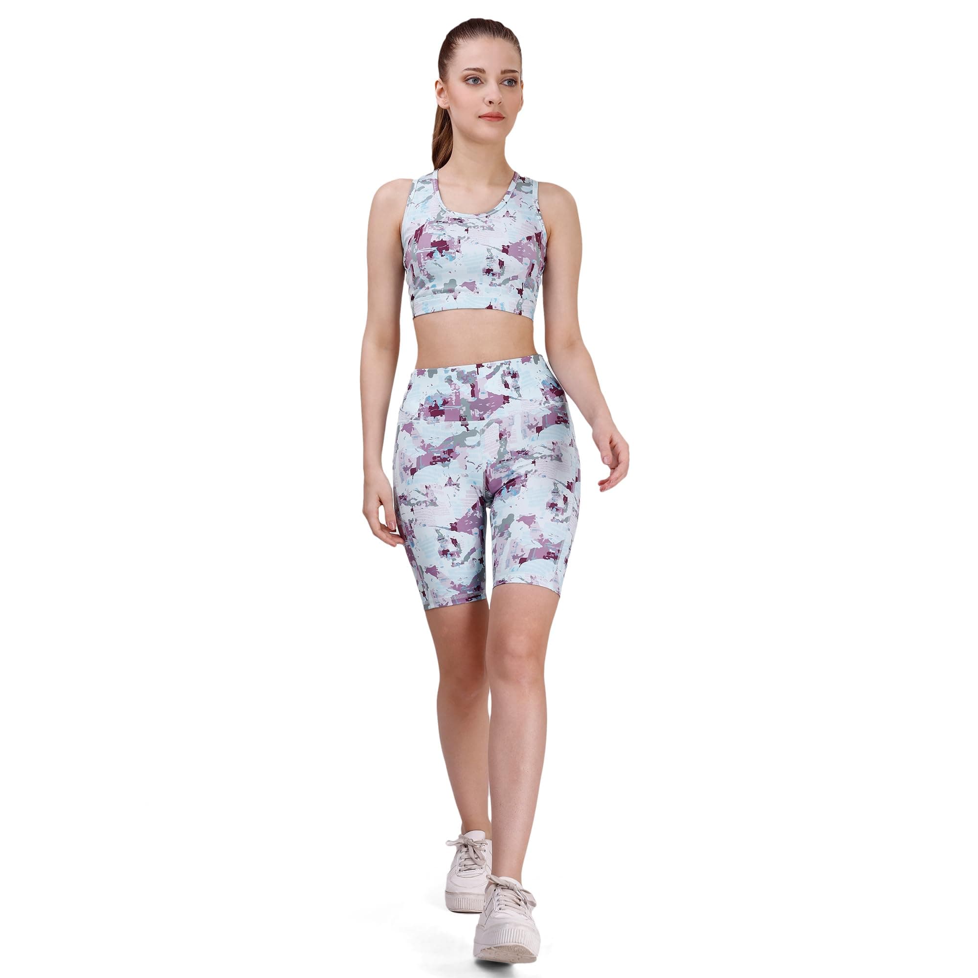 SOIEWomen Polyester Spandex Medium Impact Quick Dry Racerback Printed Athleisure Sports Bra & Knee Length Shorts Set, Multicolour, XXL