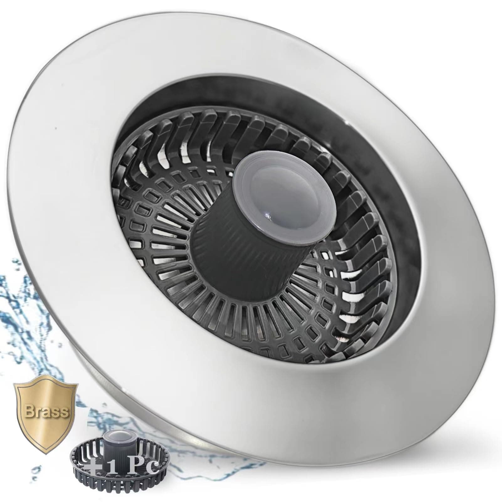 3 in 1 Kitchen Sink Stopper, Pop Up Kitchen Sink Drain Strainer, with an Extra Basket Strainer, Kitchen Sink Drain Stopper for US Standard 3-1/2 Inch, Brass Material Electroplate Silver