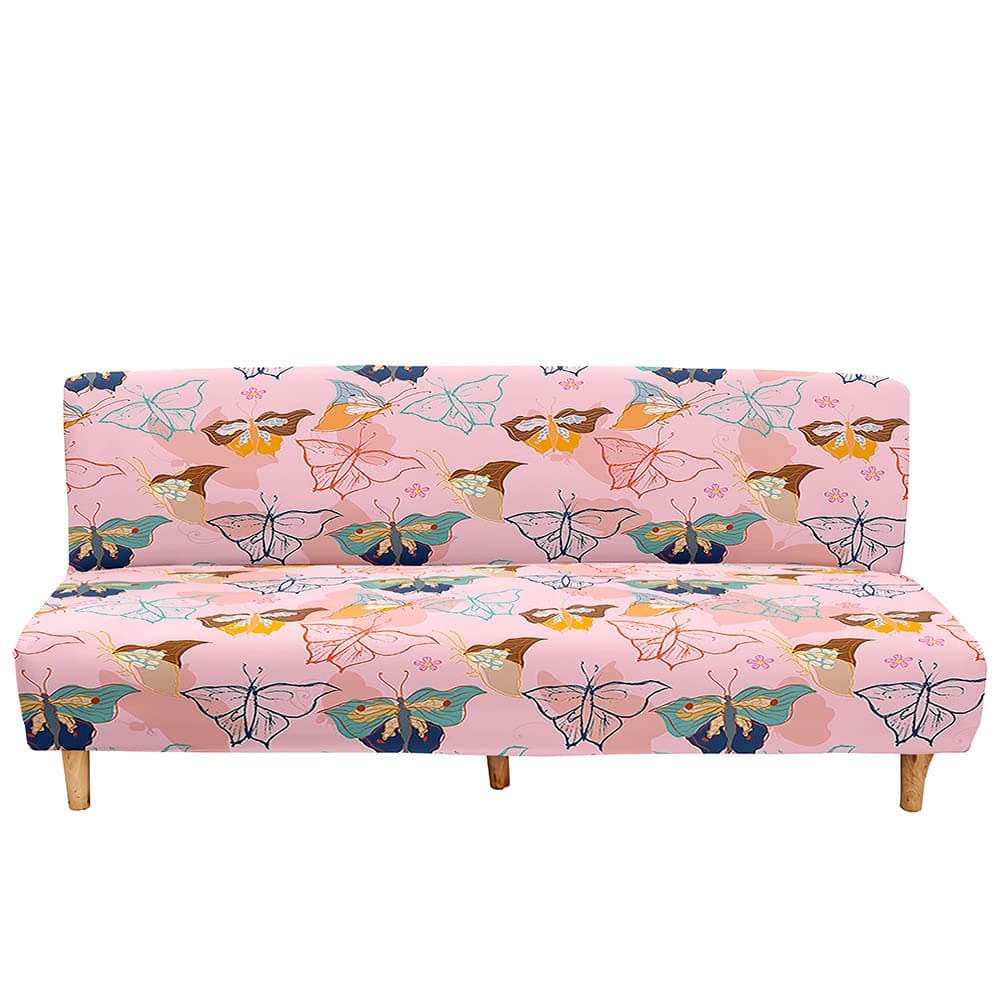Mateju Armless Sofa Bed Cover, Butterfly Pattern Folding Sofa Bed without Armrests, Non Slip Stretch Futon Slipcover Protector for 2-3 Seater, Washable Couch Bed Slipcovers (Blush,120-150cm)