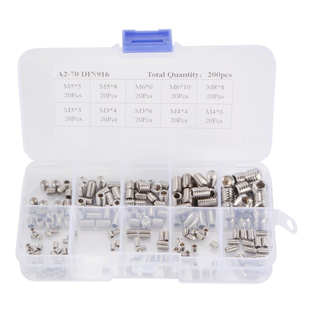 200pcs M3 M4 M5 M6 M8 Hex Socket Grub Screws Allen Head Cup Point Set Screw Assortment Kit, Stainless Steel
