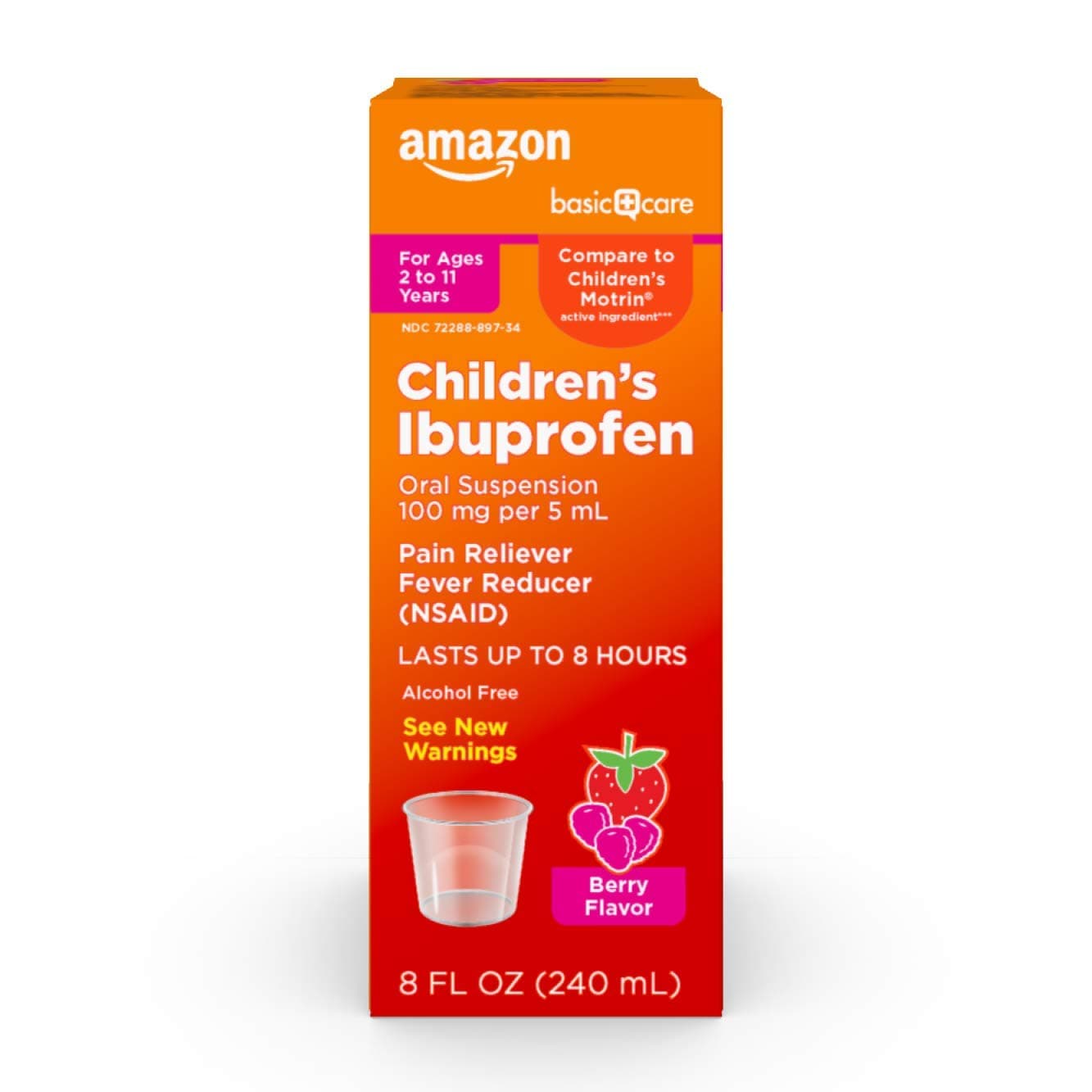 Amazon Basic Care Children's Ibuprofen Oral Suspension, 100 mg per 5 mL, Pain Reliever and Fever Reducer, Berry Flavor, For Sore Throat, Headache Relief and More, 8 fl oz (Pack of 1)
