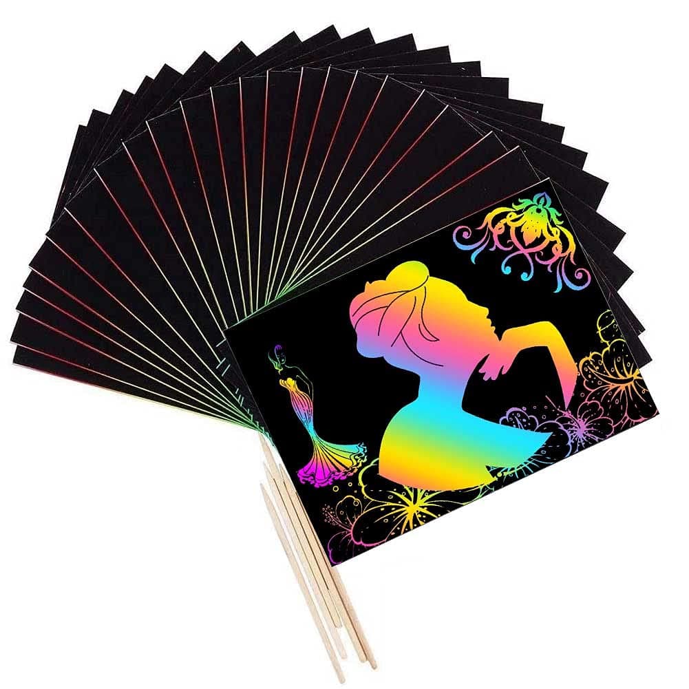 50 PCS Scratch Art for Kids -Rainbow Black Magic Scratch Art Notes Paper Boards with 5 Wooden Stylus for Kids Christmas Birthday Gift (5.12" x 7.1")