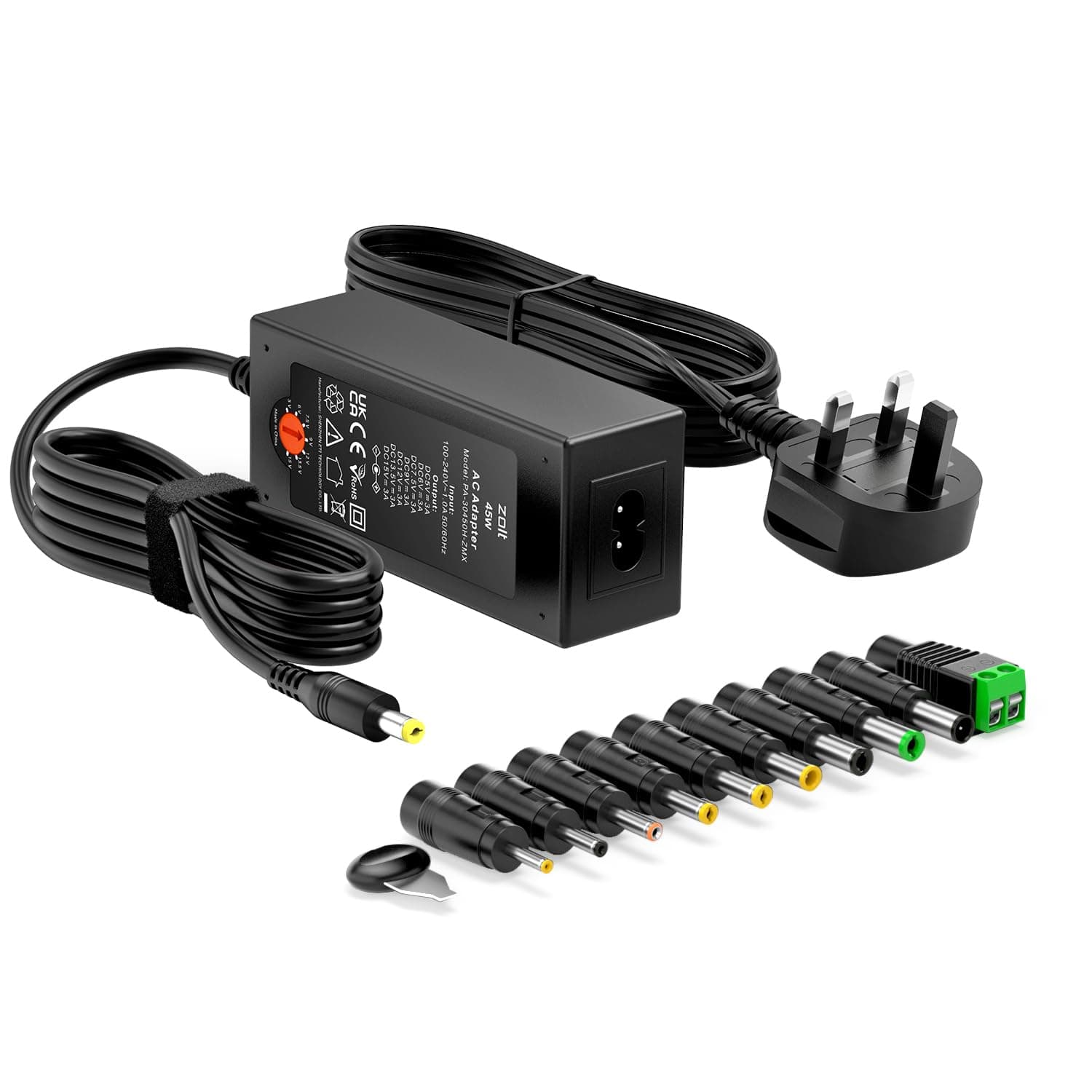Zolt 45W Universal Power Adapter AC DC 5V 6V 7.5V 9V 12V 13.5V 15V Power Supply Transformer Adaptor for Household Electronics, 3A Max.