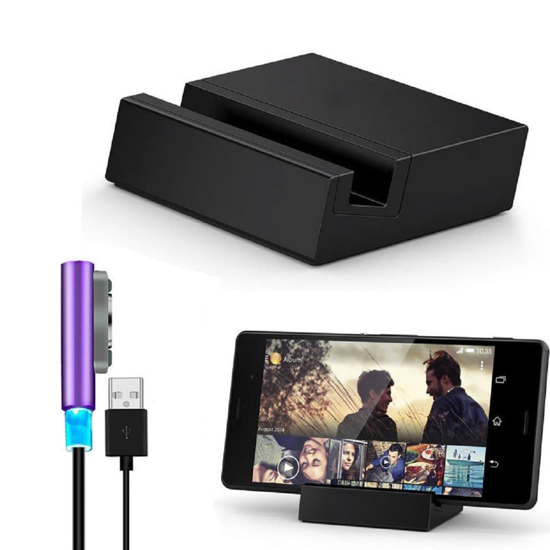 Towallmark(TM)Magnetic USB W/LED Cable + Desktop Dock Charging Set for Sony Xperia Z3 / Z3 Compact (Purple)