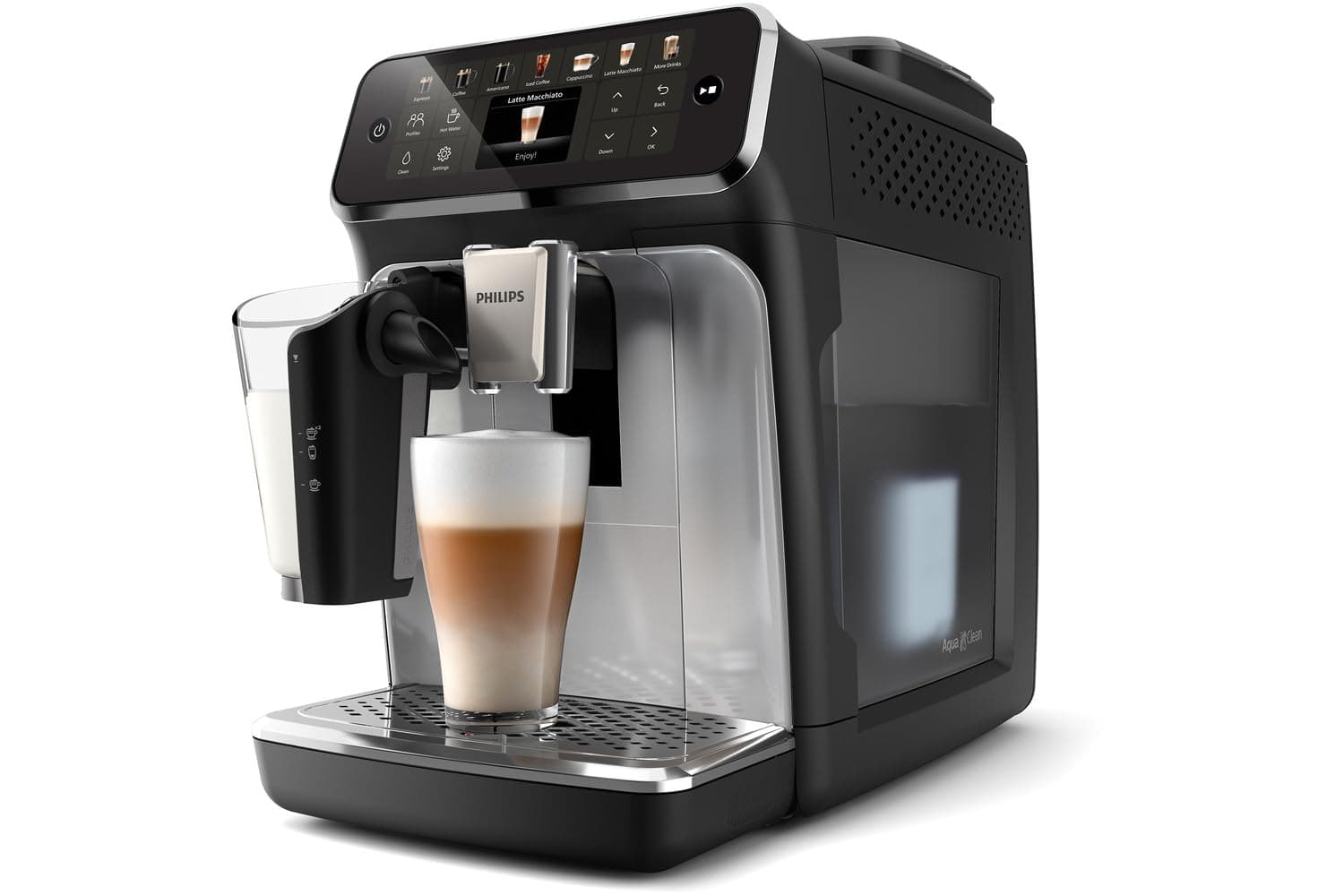 Philips Fully Automatic Coffee Machine Series 4400-12 Beverages, LatteGo, SilentBrew, Intuitive Display, 2 User Profiles, 12 Settings for Ceramic Grinder, Black Silver - EP4446/70